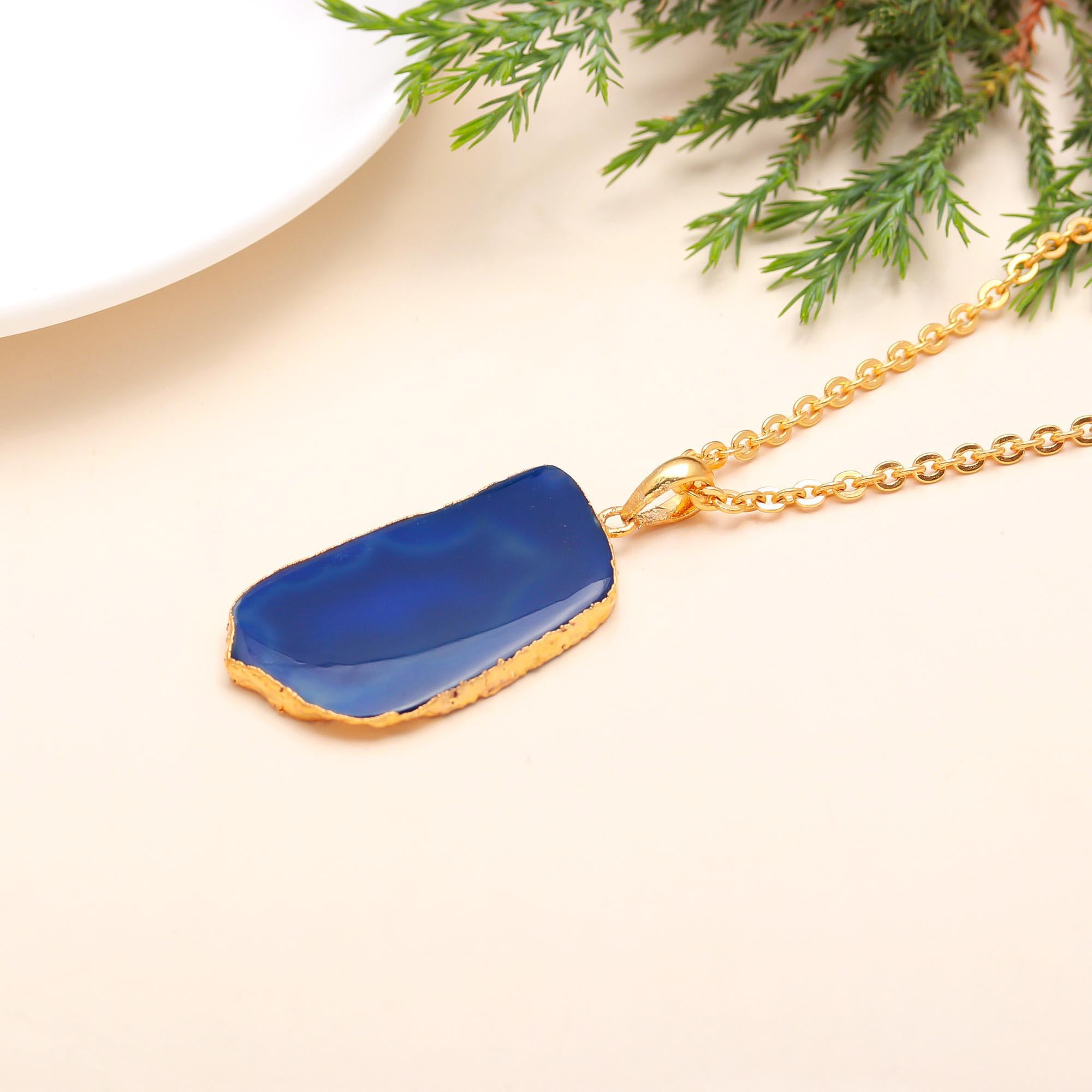 925 Silver Blue Agate Slice Pendant Necklace