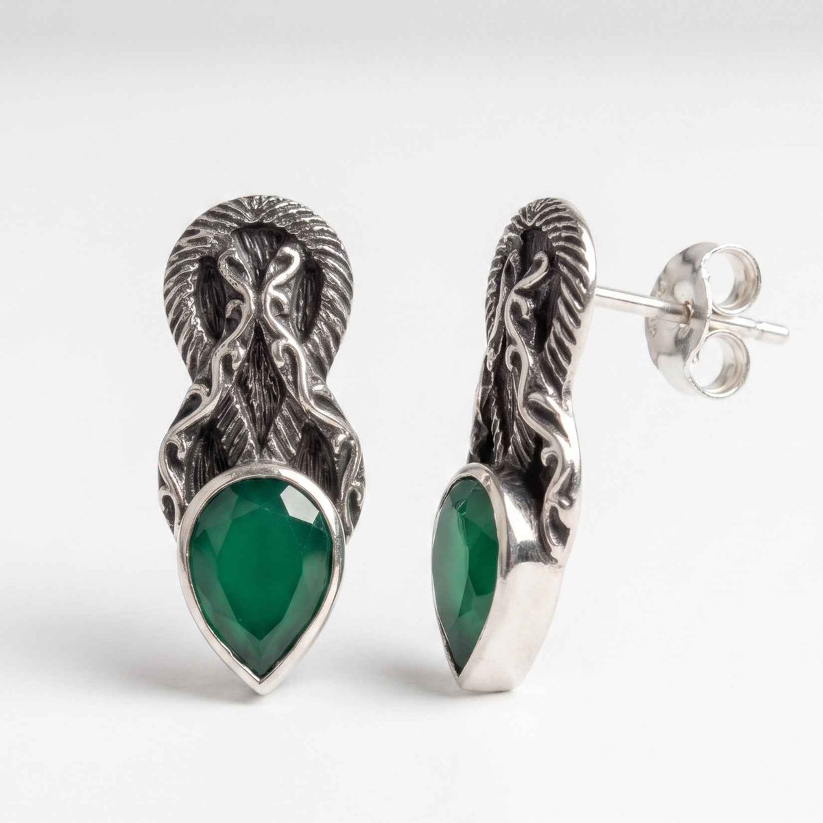 The Celtic Forest: Green Onyx Antiqued Silver Stud Earrings
