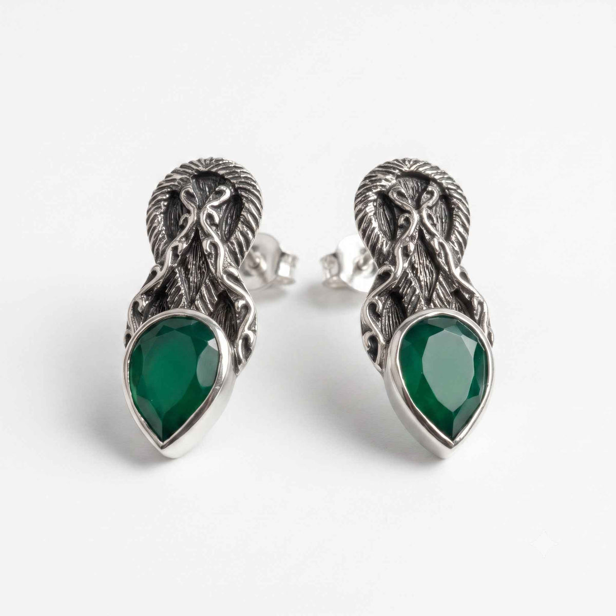 The Celtic Forest: Green Onyx Antiqued Silver Stud Earrings