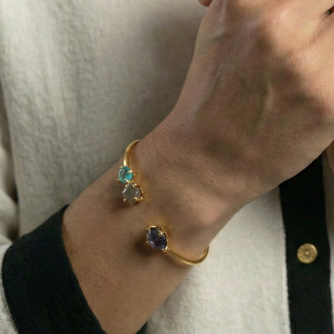 The Elemental Trio: Raw Multi-Gemstone Gold Cuff