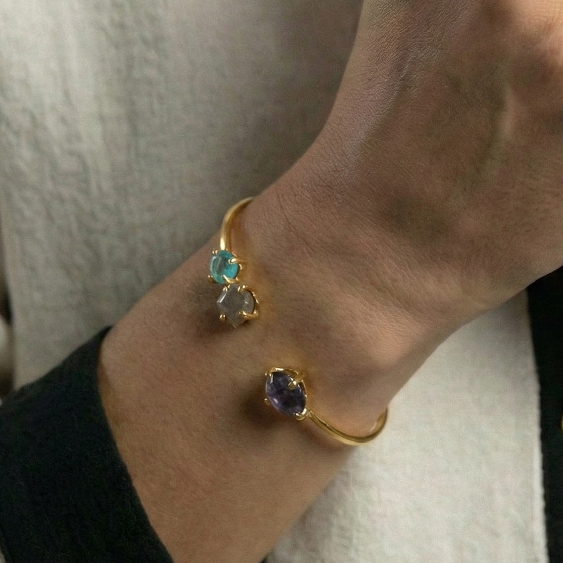 The Elemental Trio: Raw Multi-Gemstone Gold Cuff