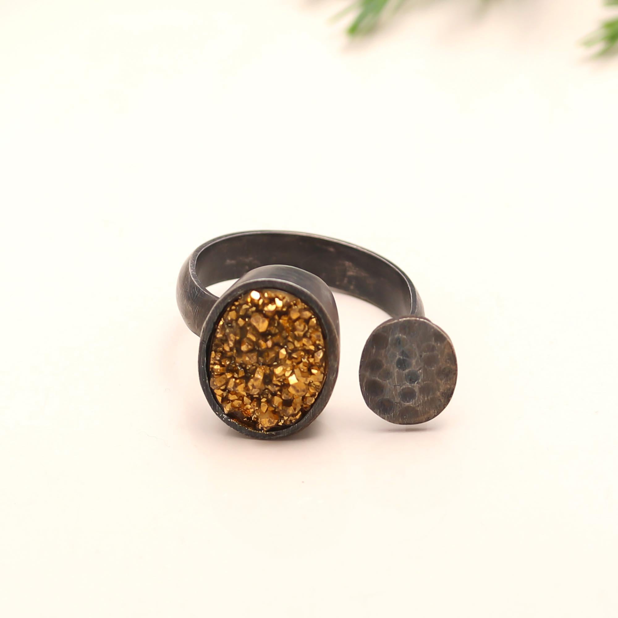 925 Silver Golden Druzy Ring