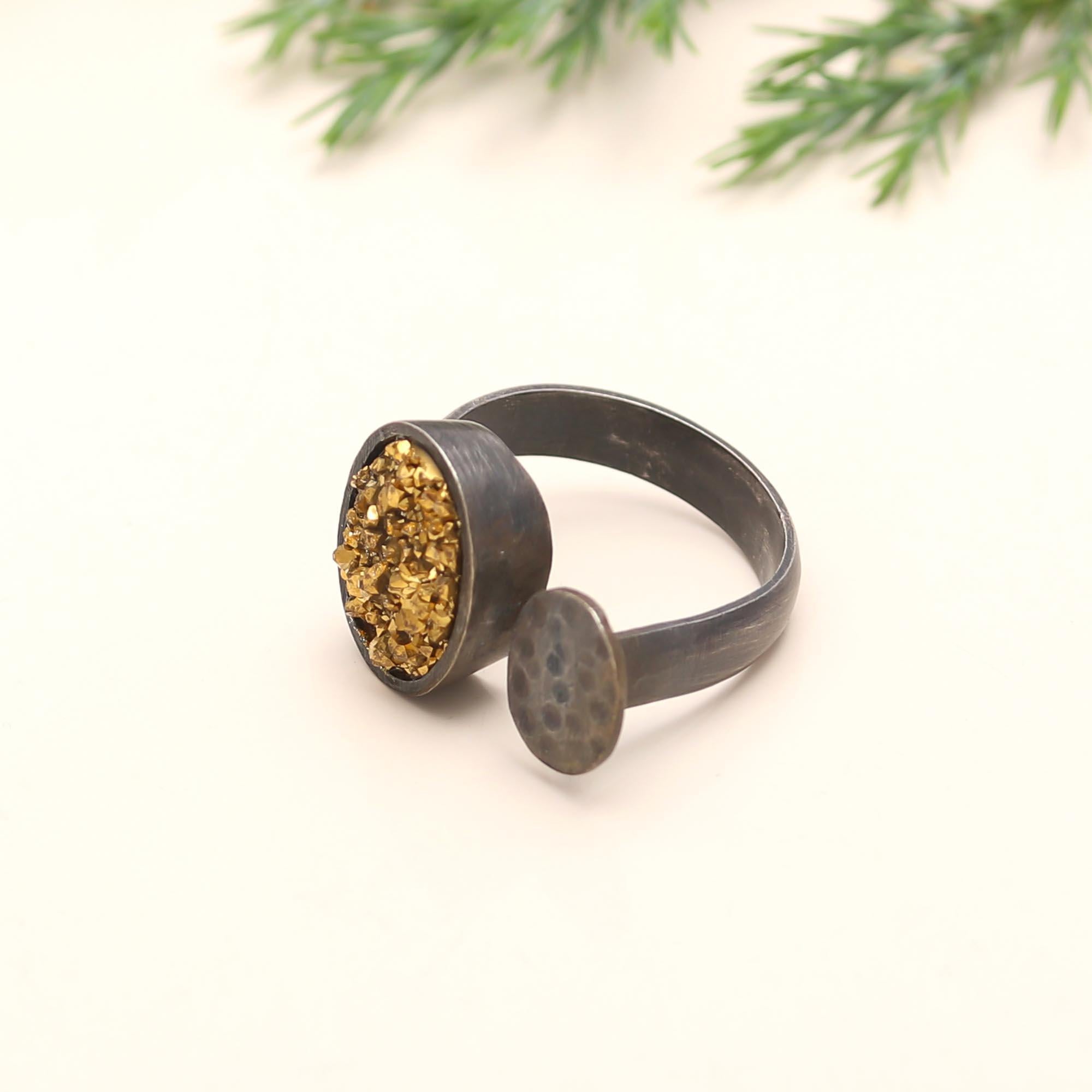 925 Silver Golden Druzy Ring