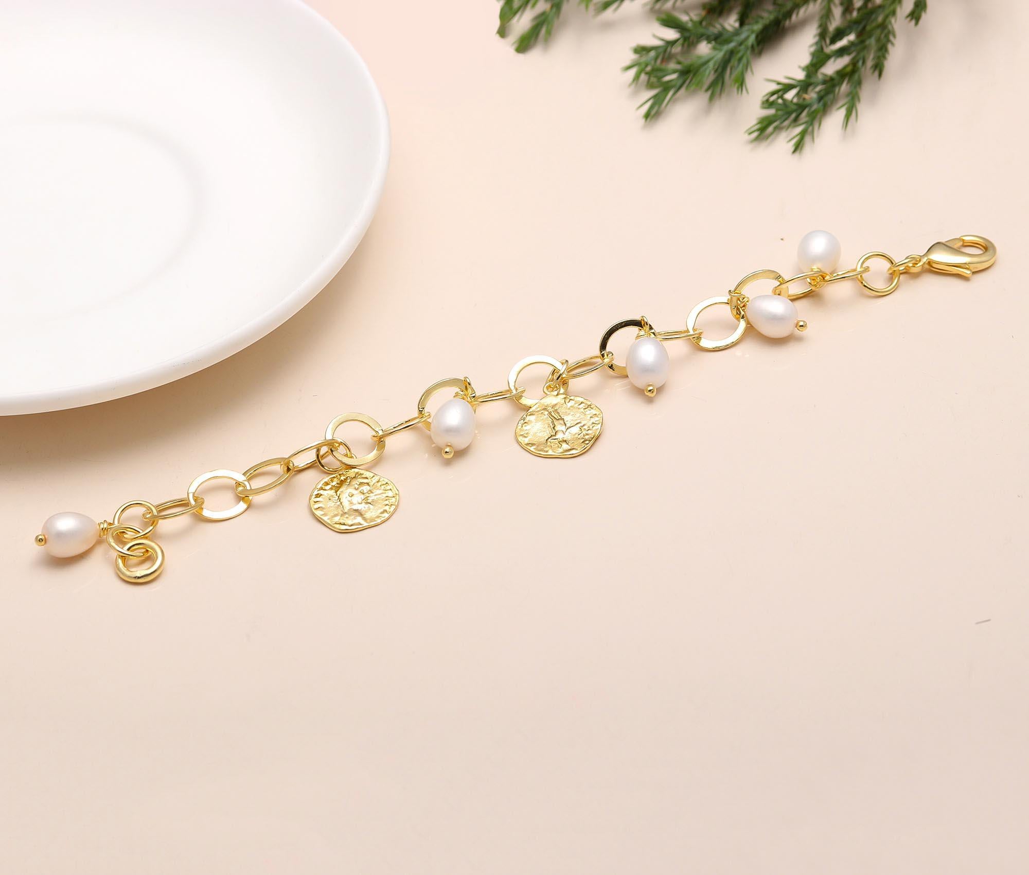 The Roman Heritage: Pearl & Gold Coin Charm Bracelet