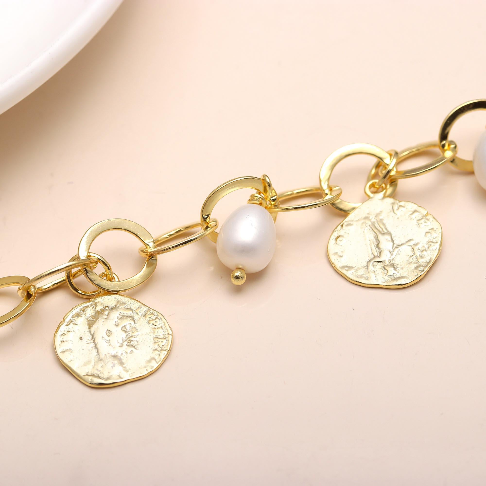 The Roman Heritage: Pearl & Gold Coin Charm Bracelet