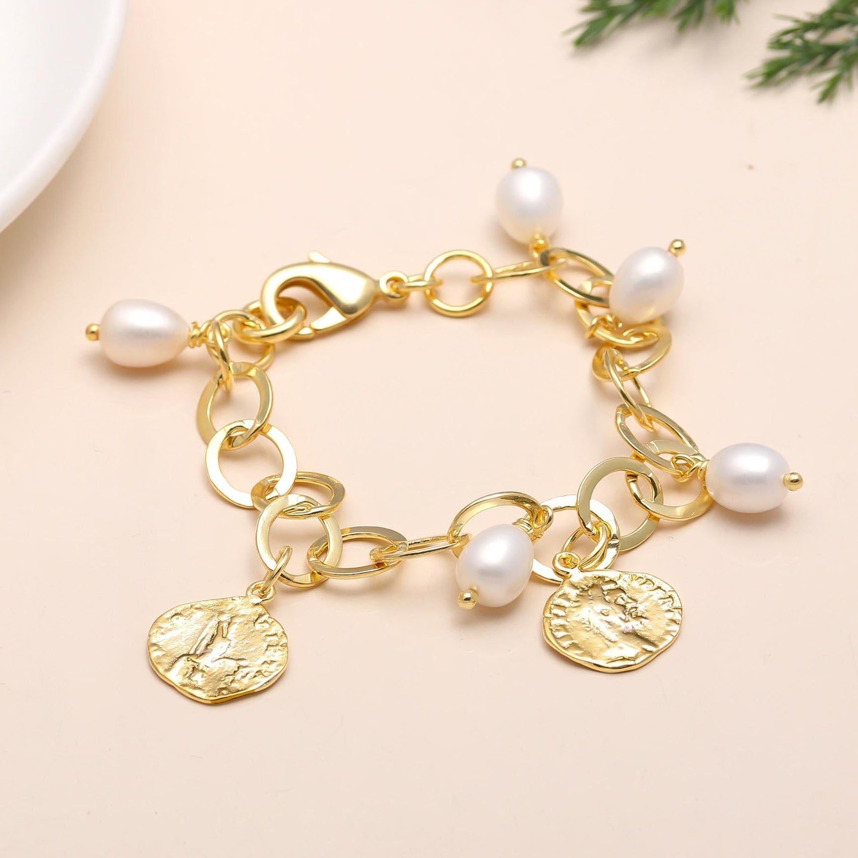 The Roman Heritage: Pearl Gold Coin Charm Bracelet