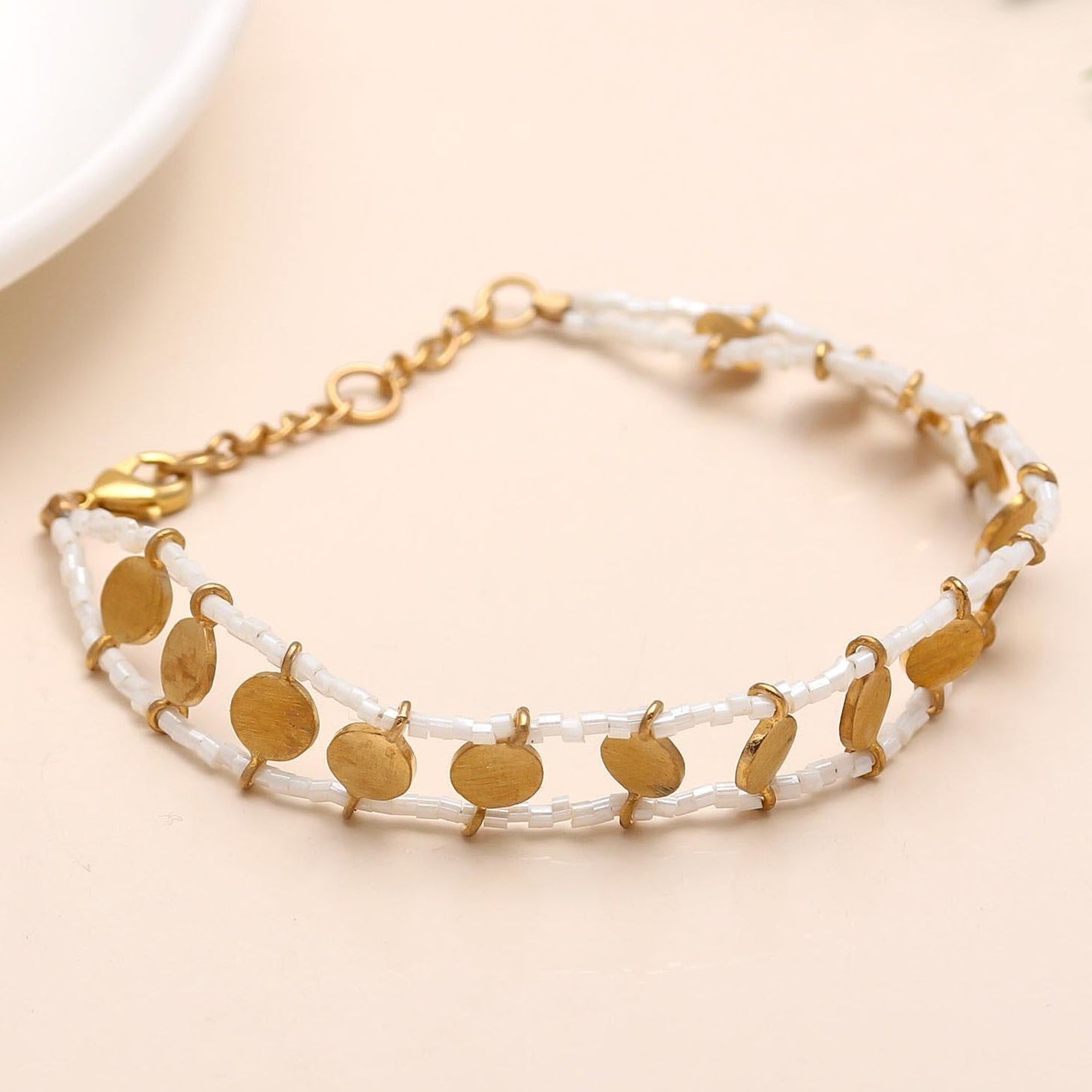 The Grecian Summer: Gold Disc & White Bead Bracelet