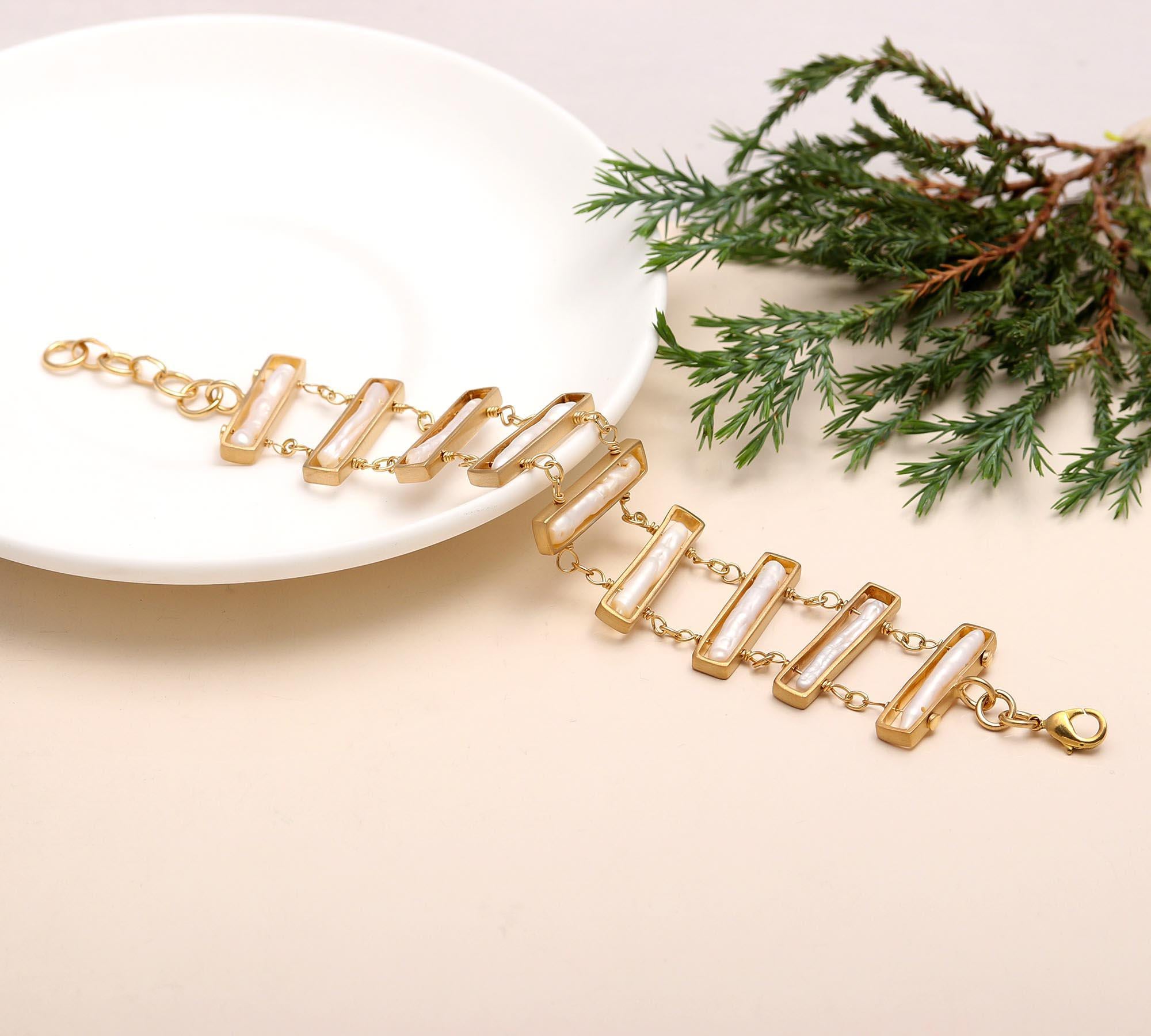 925 Silver Baroque Pearl Bar Link Bracelet