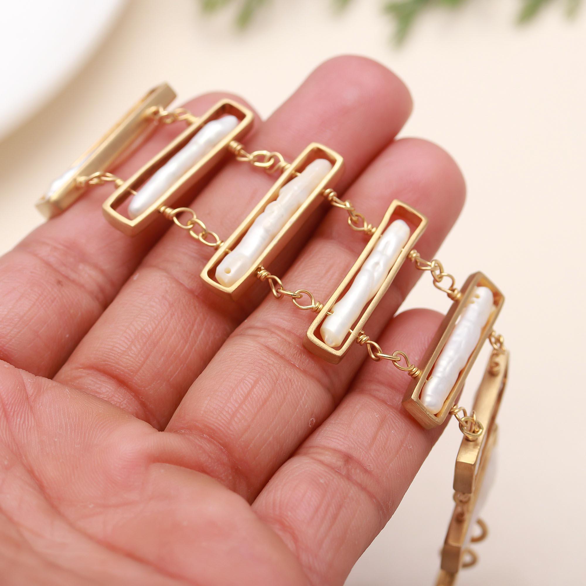 925 Silver Baroque Pearl Bar Link Bracelet