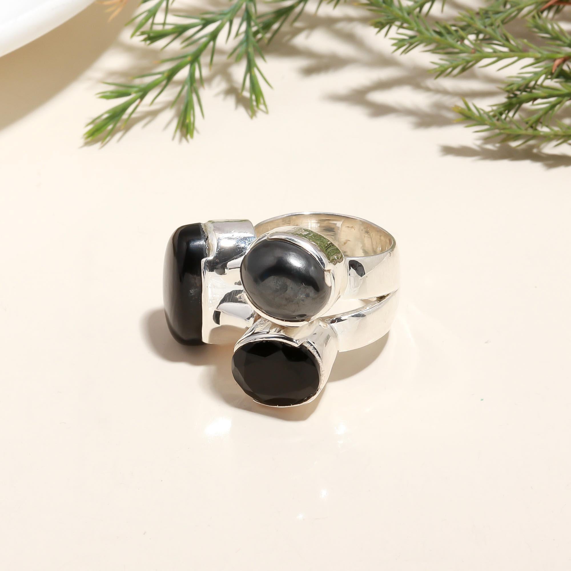 925 Silver Triple Black Onyx Ring