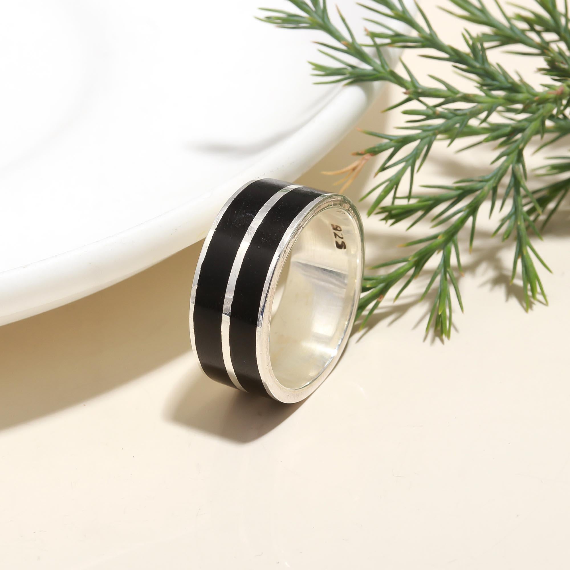 925 Silver Black Enamel Band Ring