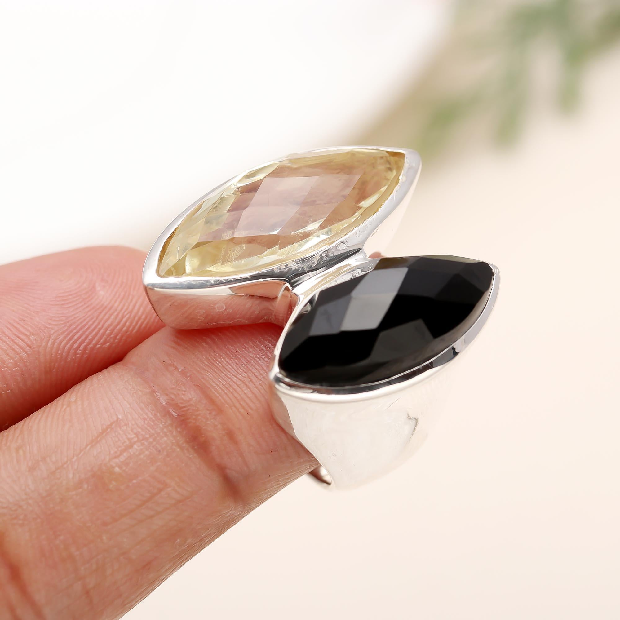 925 Silver Onyx and Citrine Ring