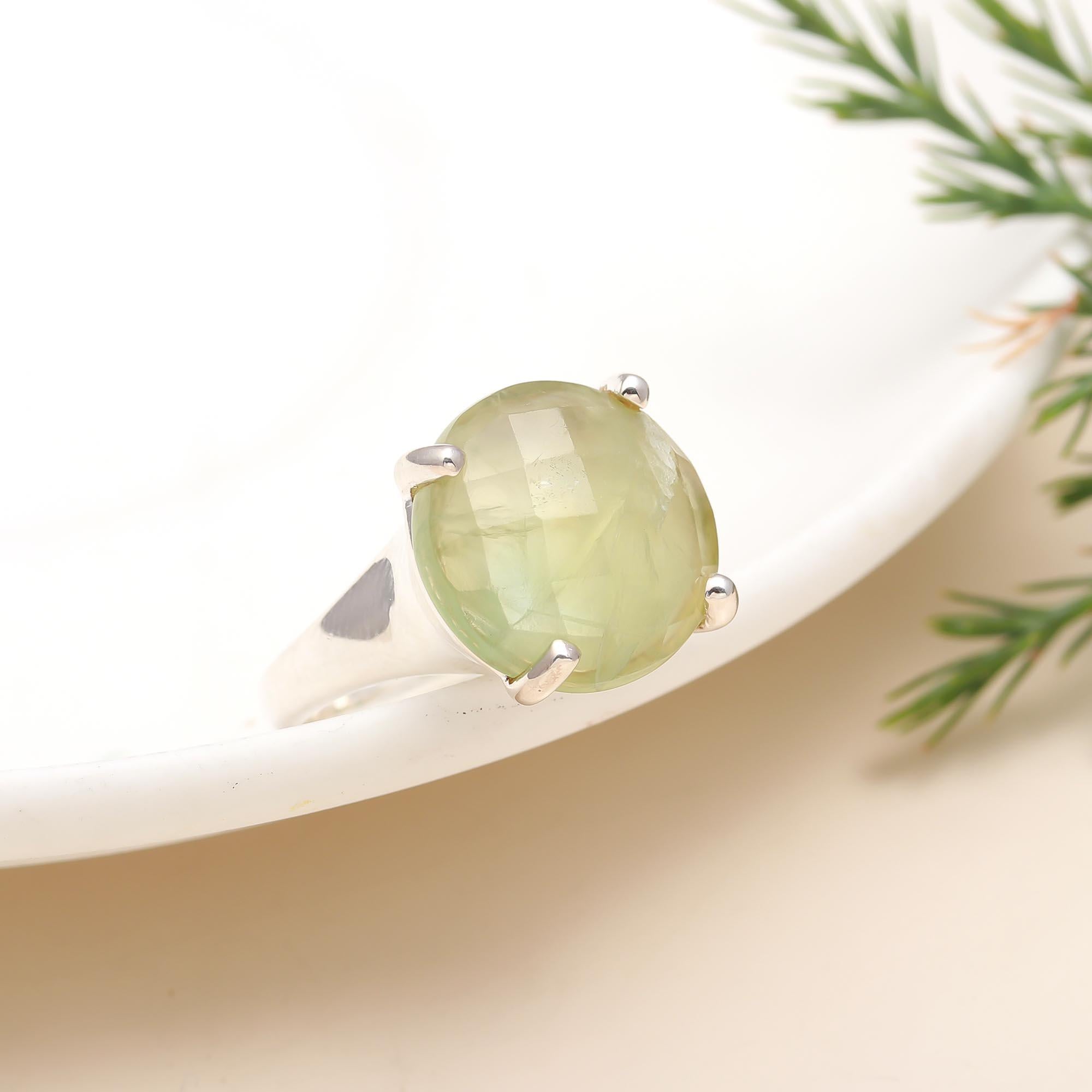 925 Silver Round Prehnite Ring