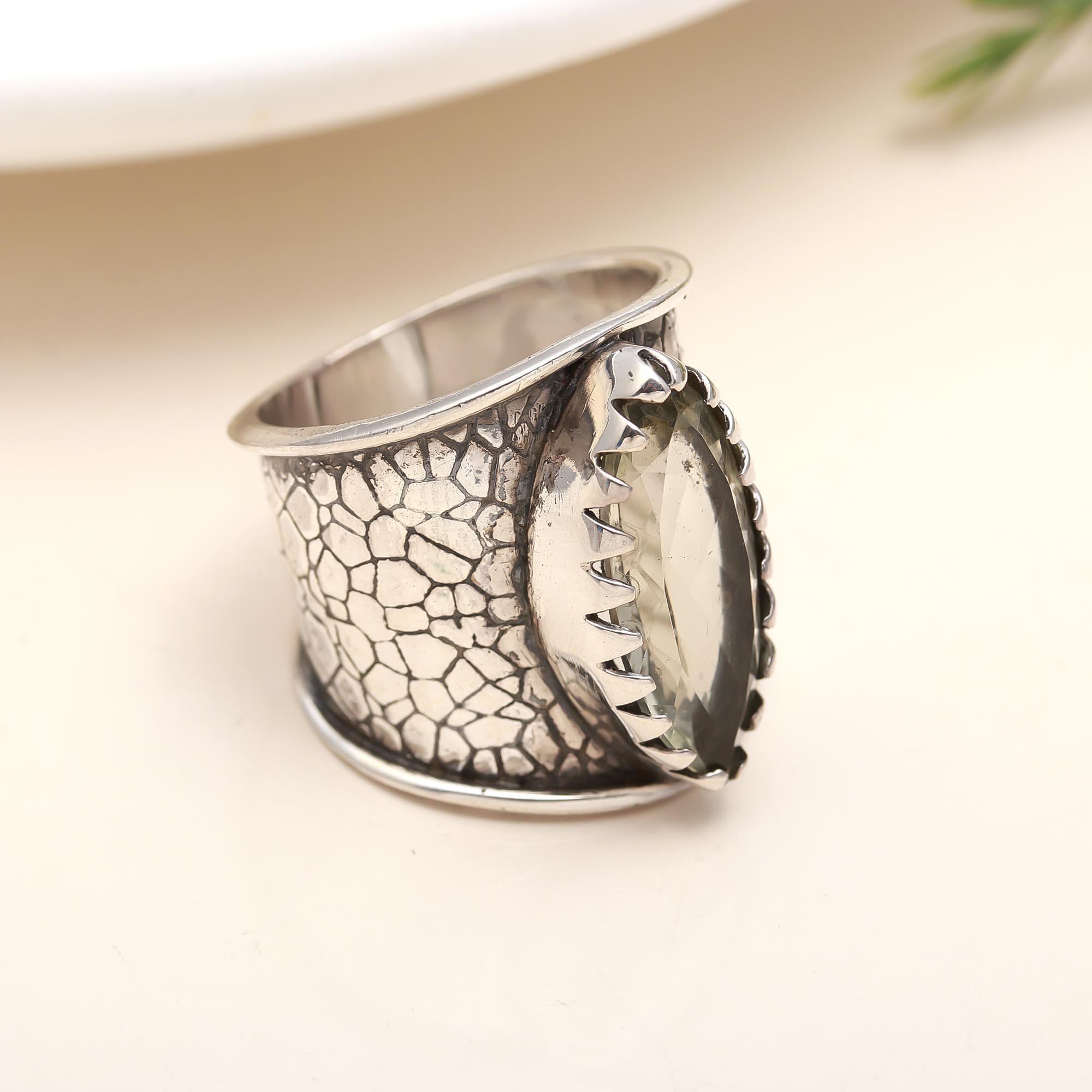 925 Silver Green Quartz Wide Band Ring