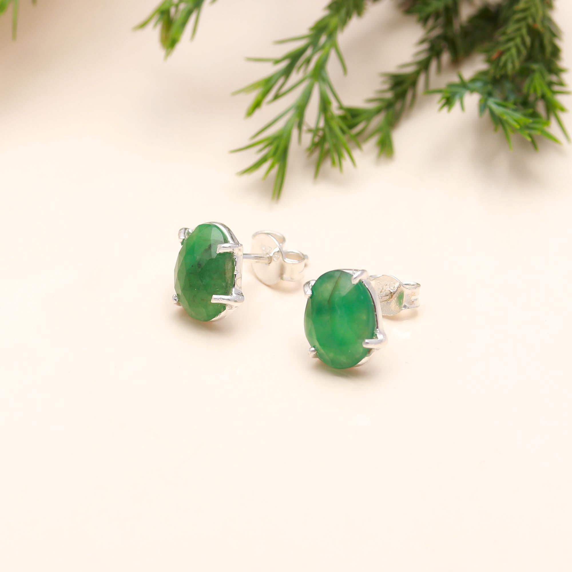 925 Sterling Silver Zambia Emerald Stud Earring with Pushback