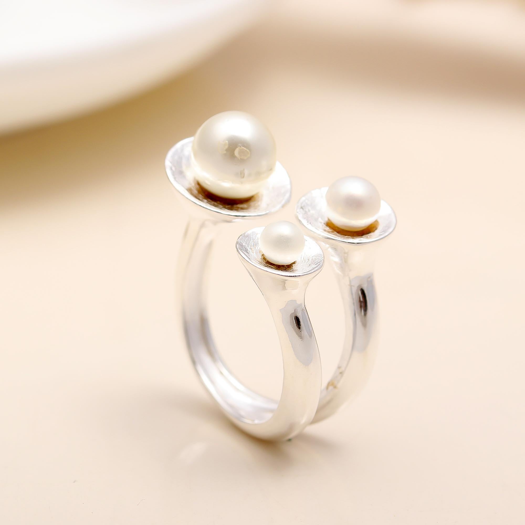 925 Silver Triple Pearl Open Ring
