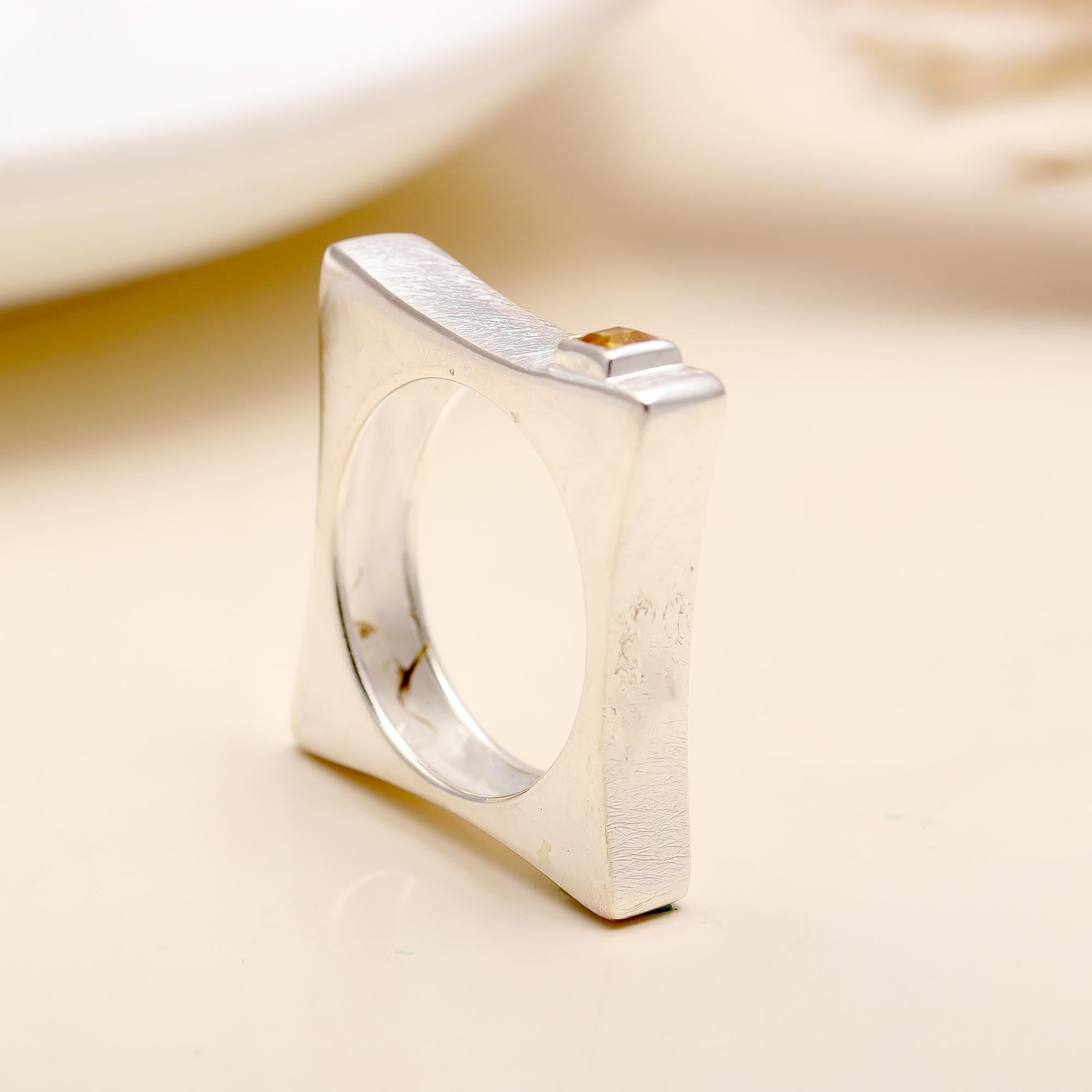 The Modern Cube: Citrine & Brushed Silver Square Ring