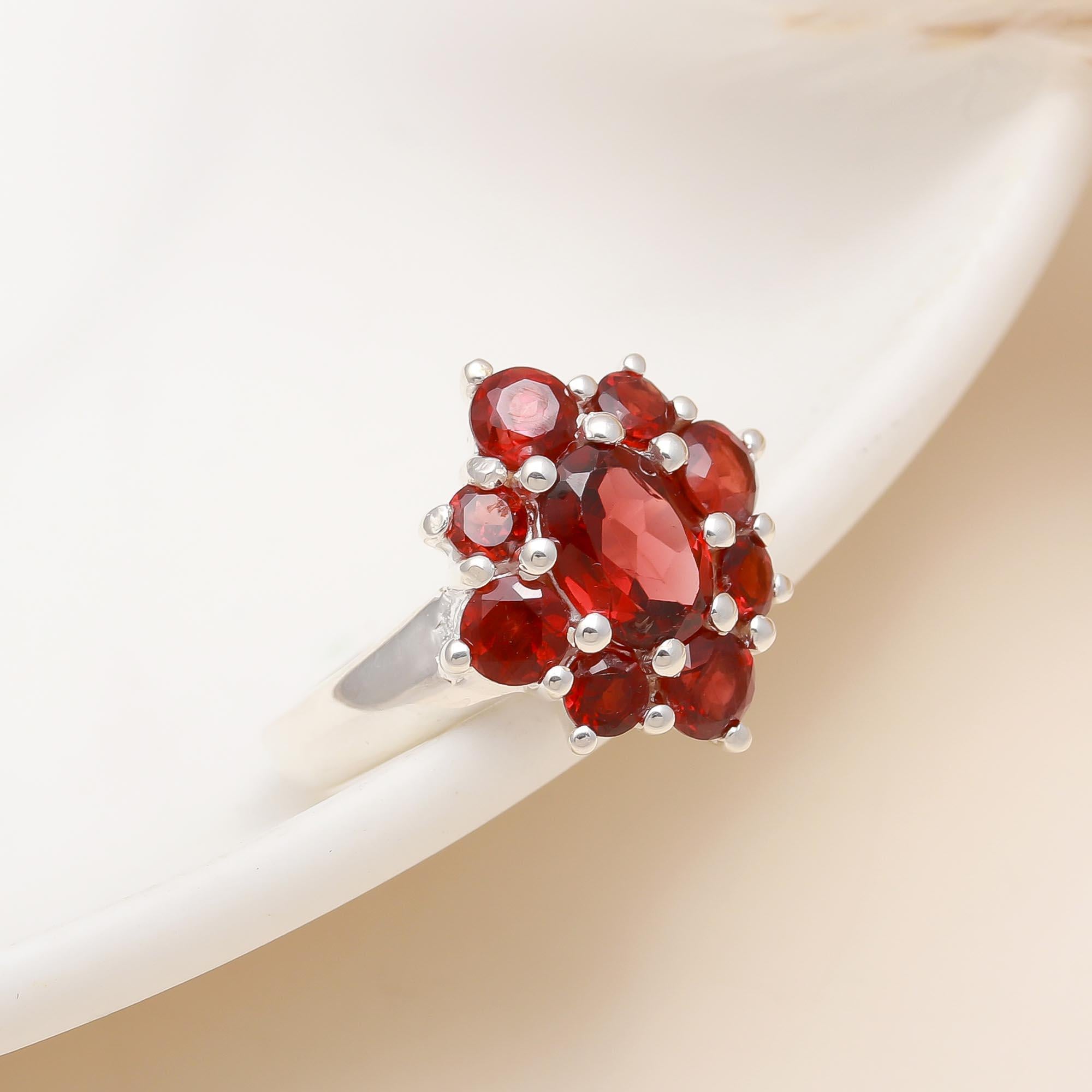 925 Silver Garnet Cluster Floral Ring