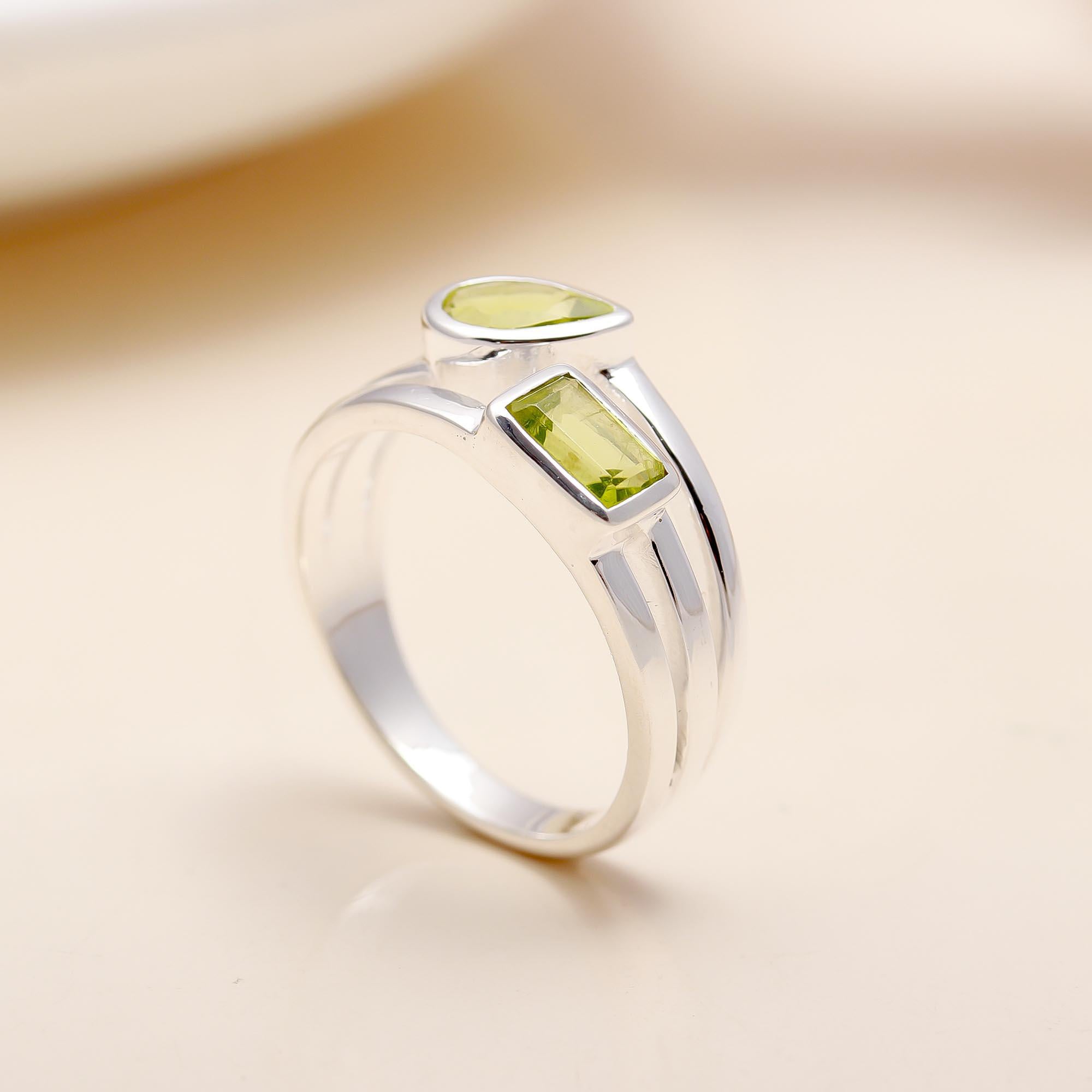 The Verdant Duo: Peridot Multi-Shape Silver Ring