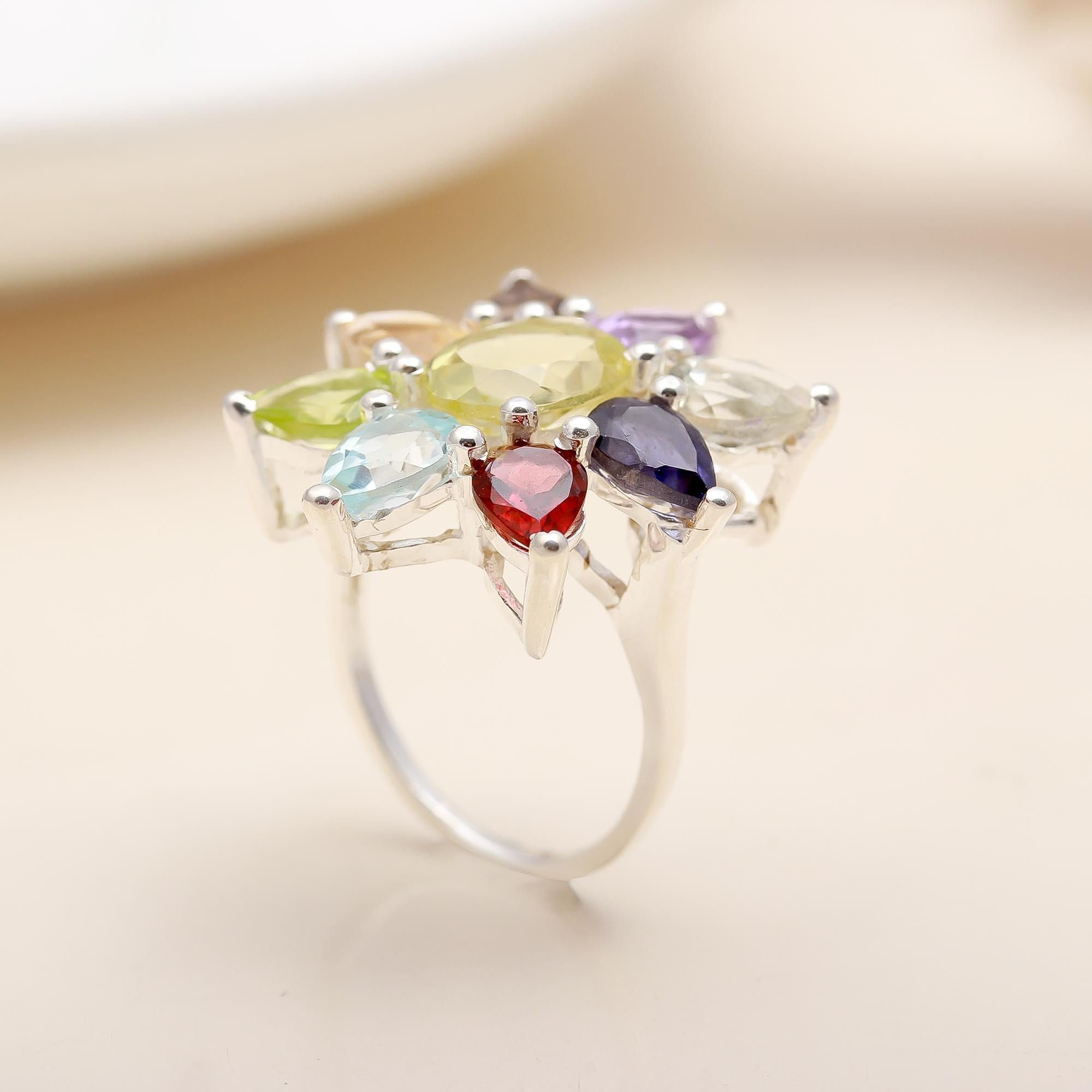 925 Silver Multi Gemstone Flower Ring