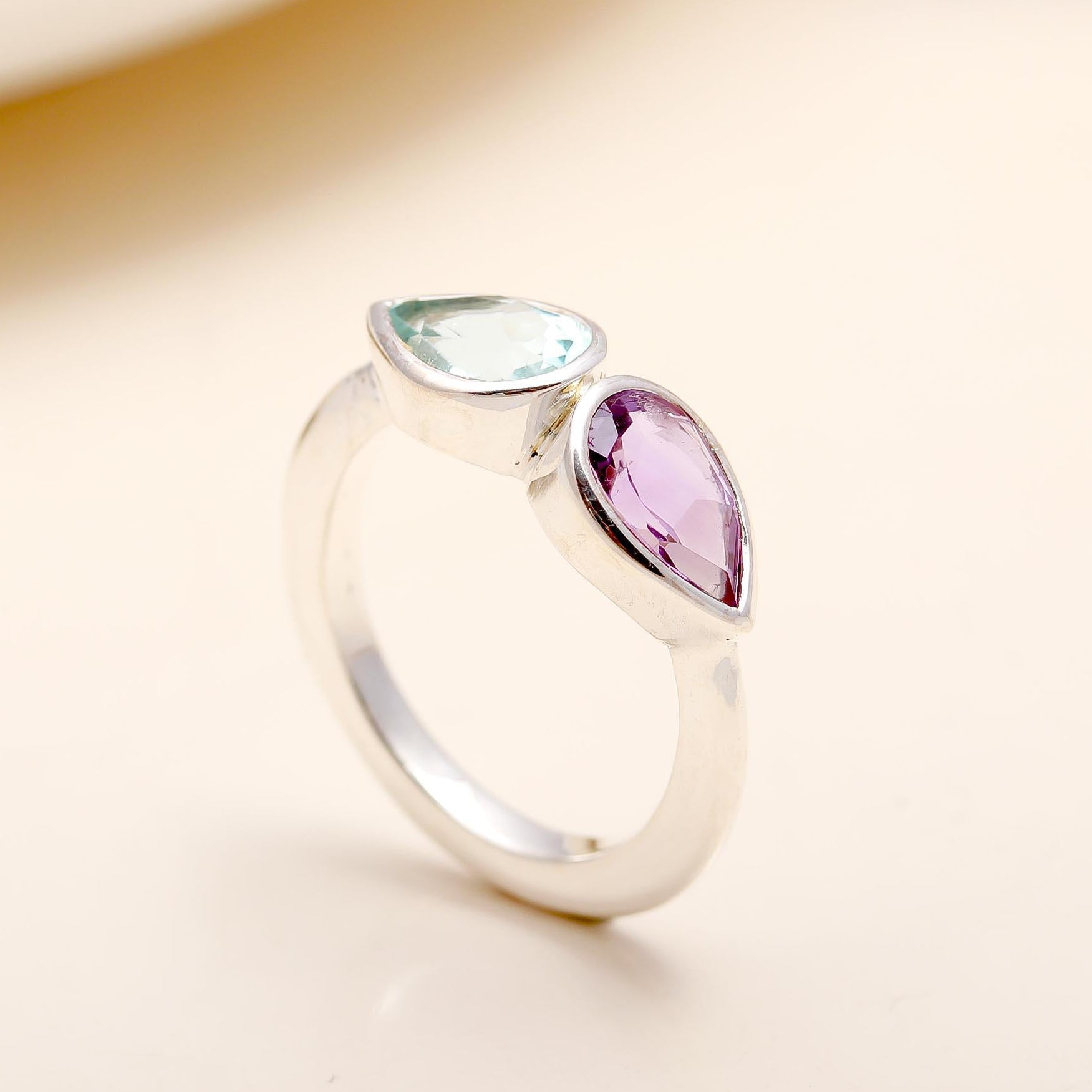 925 Silver Amethyst and Blue Topaz Ring