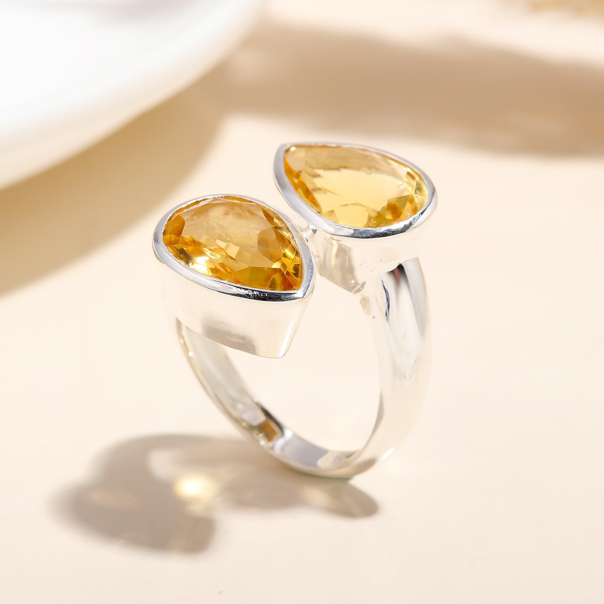 925 Silver Double Citrine Open Ring