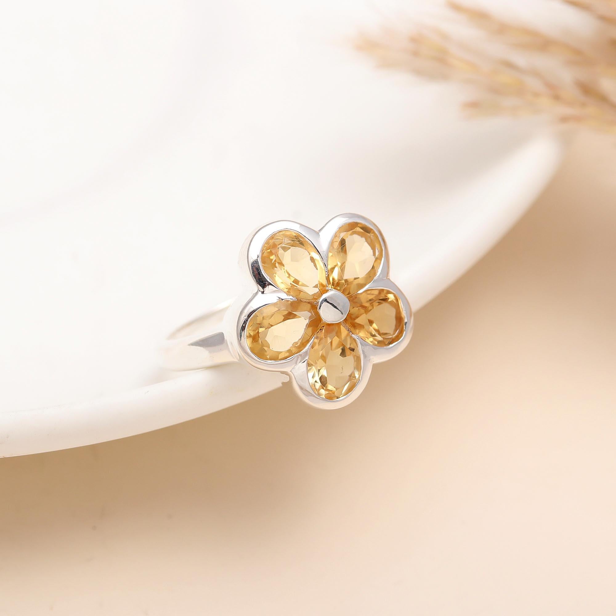 925 Silver Citrine Floral Ring