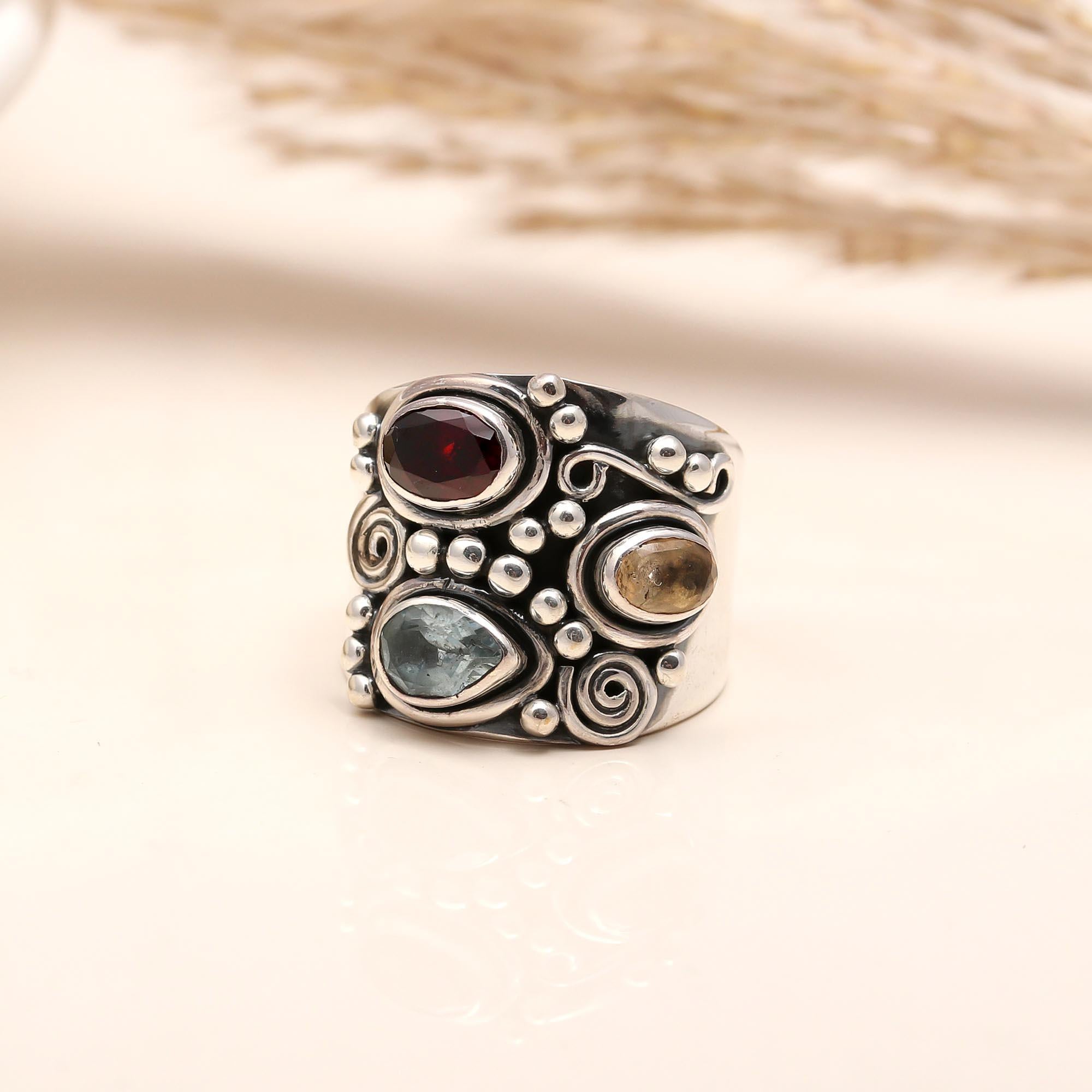 925 Silver Multi-Stone Wide Band Ring
