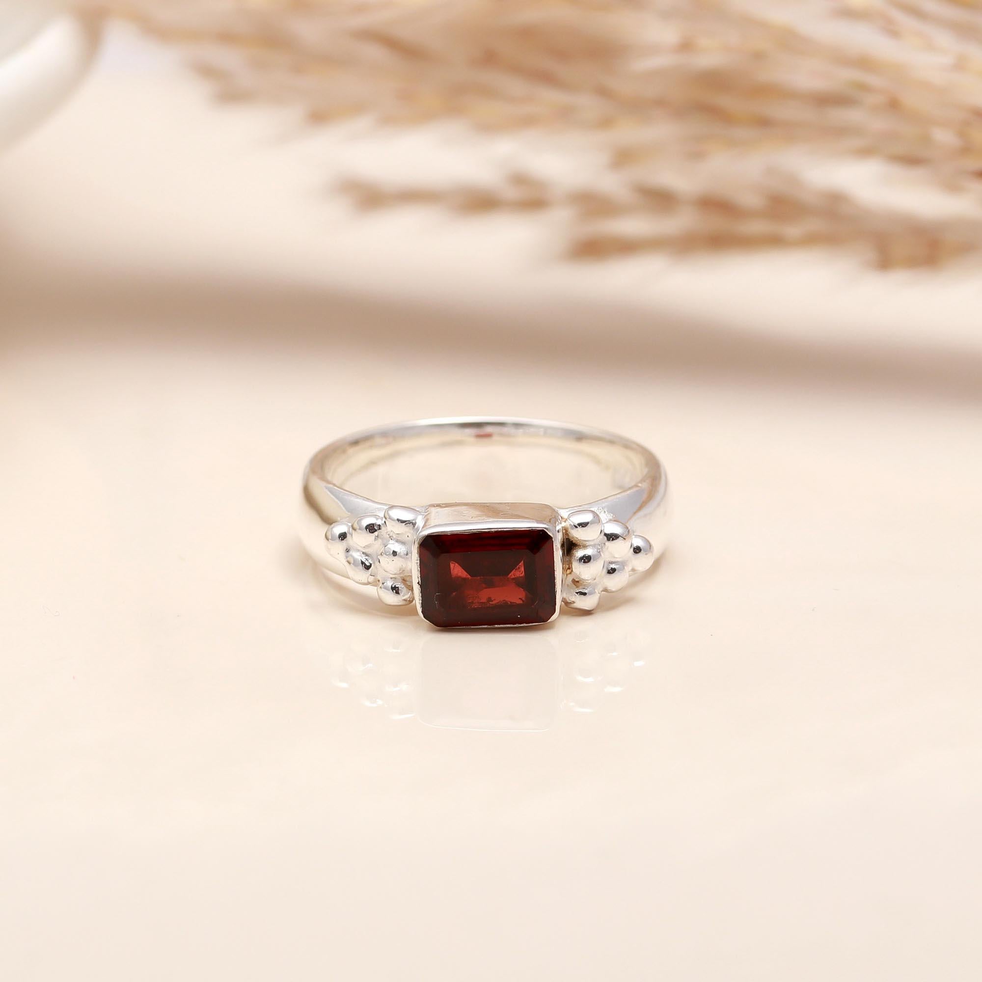 925 Silver Emerald Cut Garnet Ring