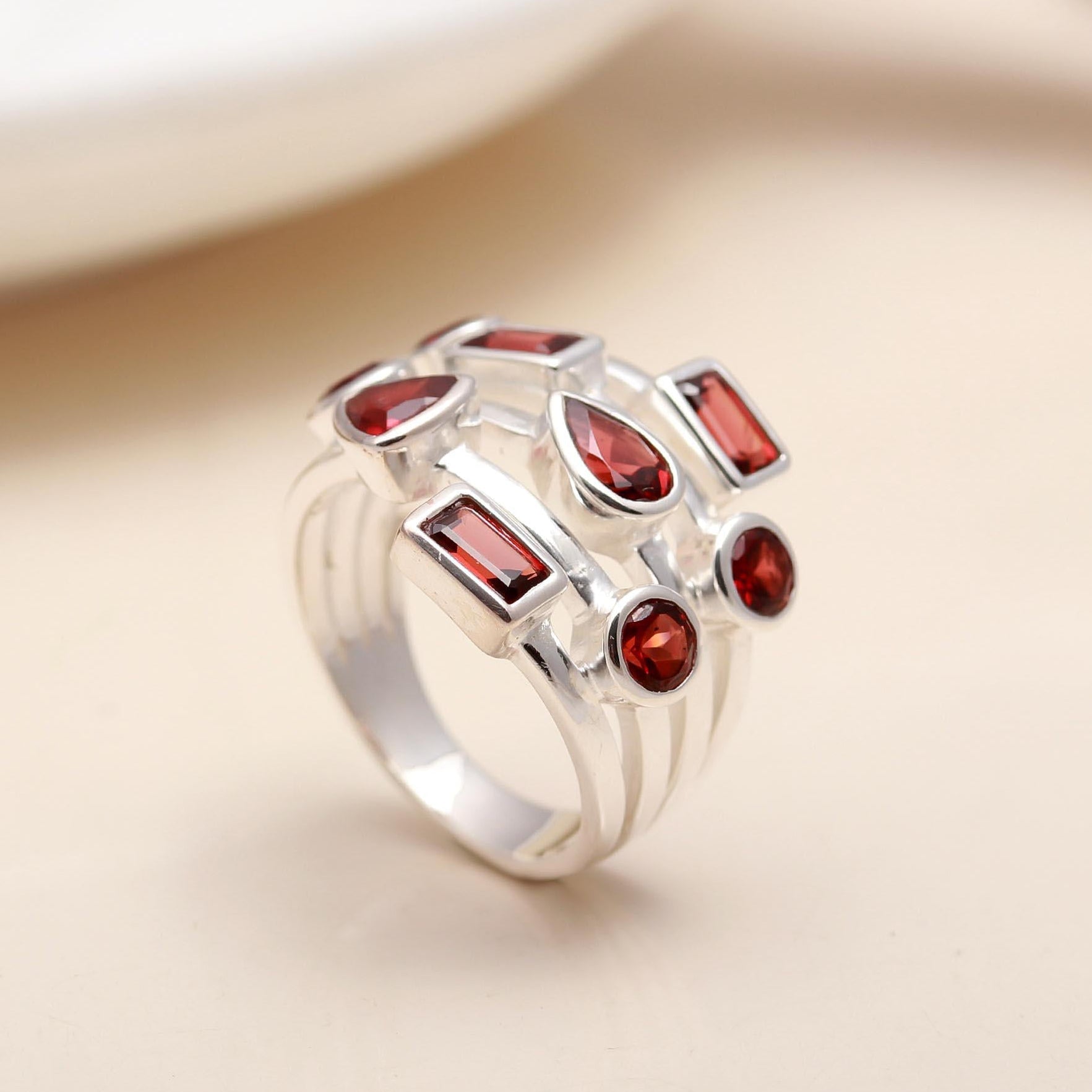 925 Silver Multi-Shape Garnet Ring