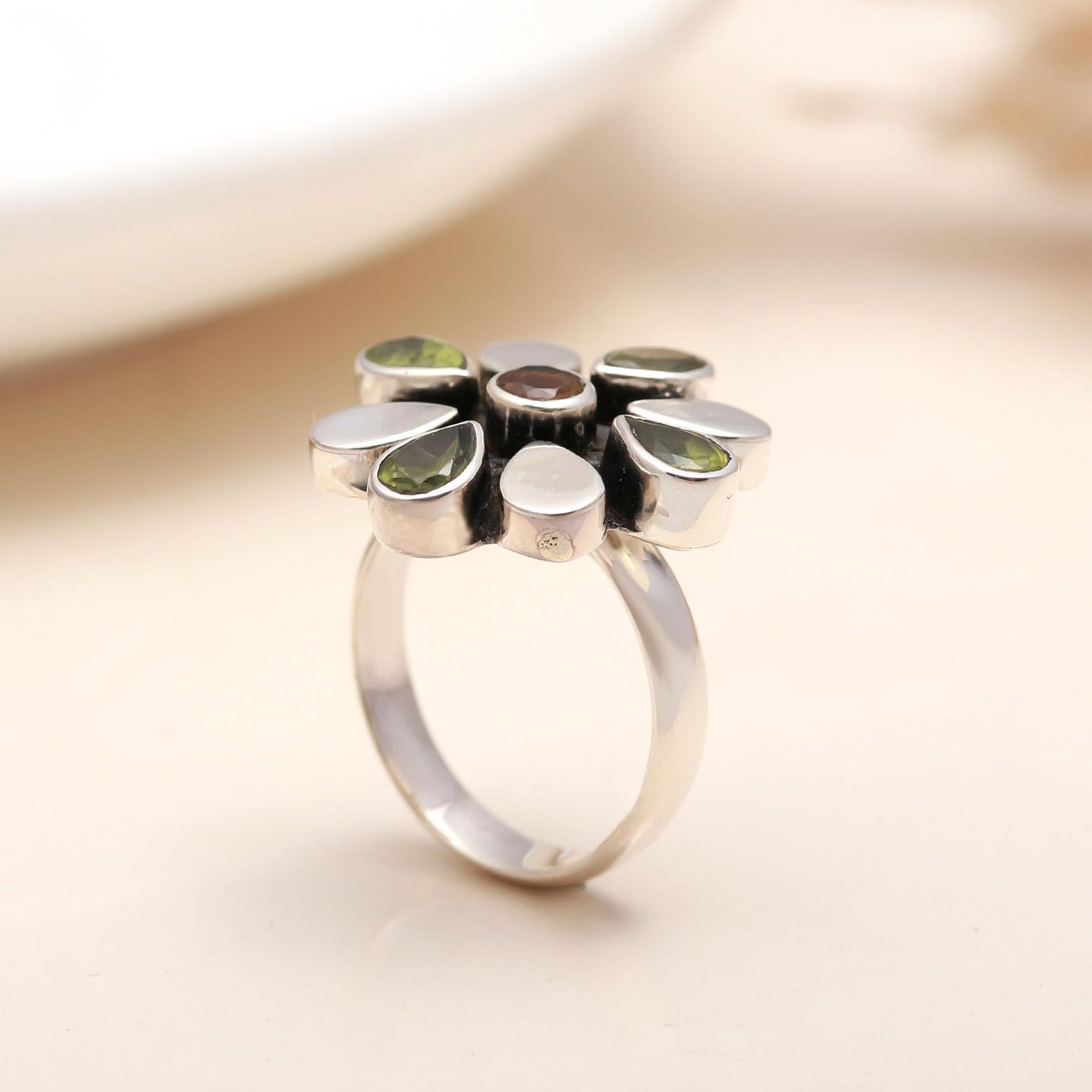 925 Silver Peridot and Citrine Floral Ring