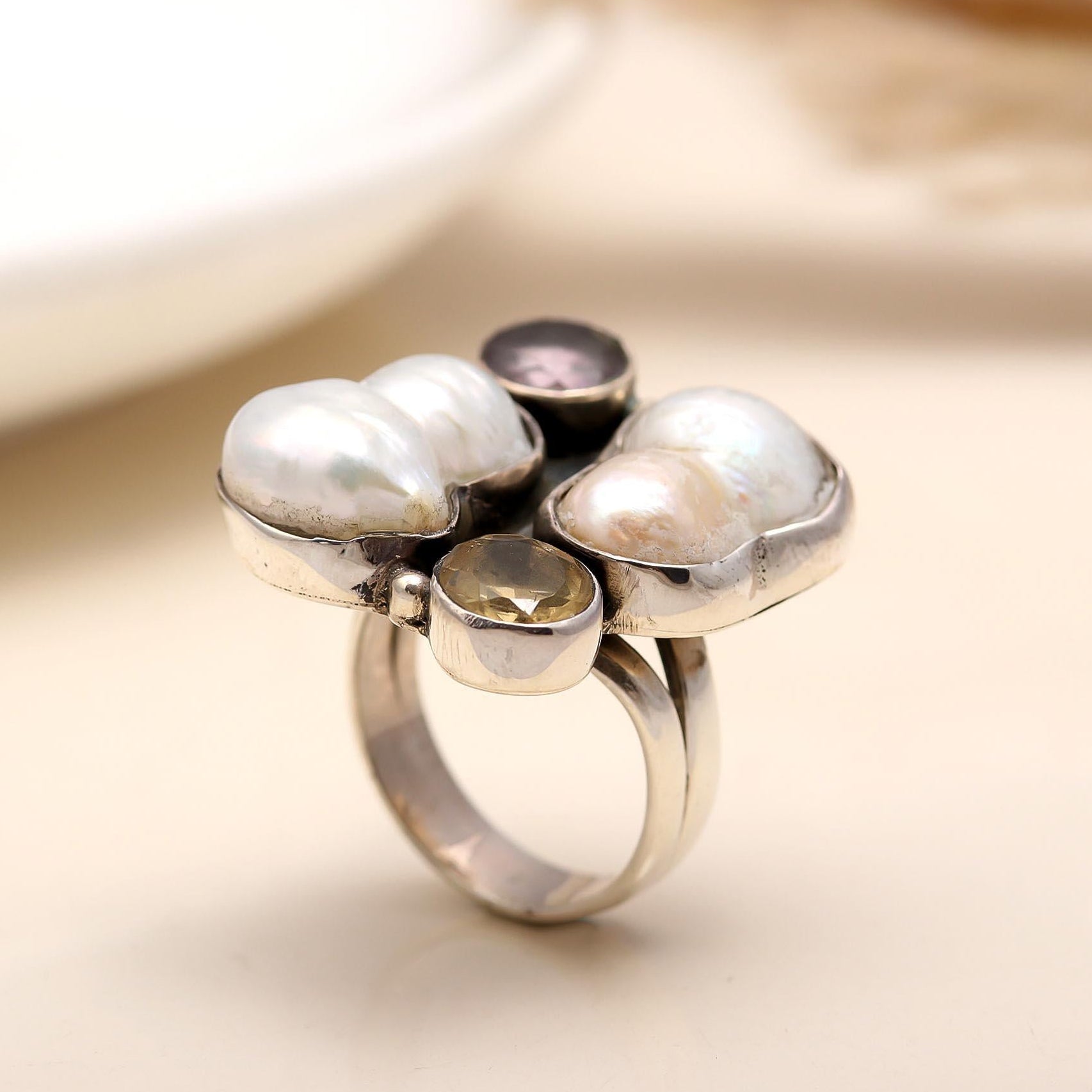 The Luminous Cluster: Baroque Pearl Multi-Gemstone Ring