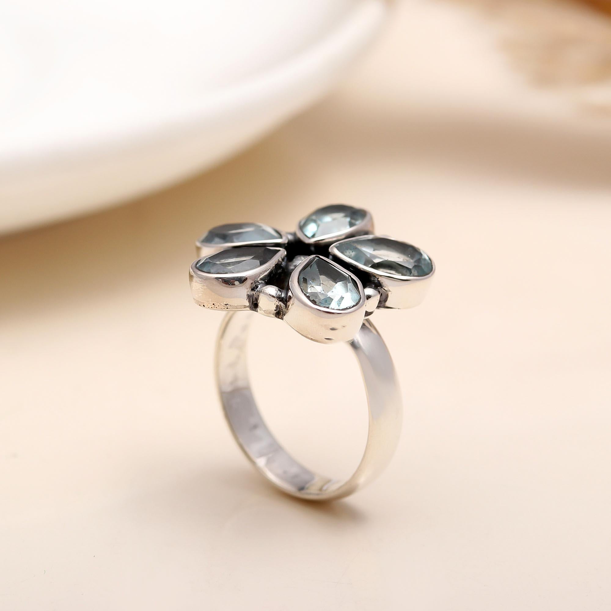 925 Silver Aquamarine Flower Ring