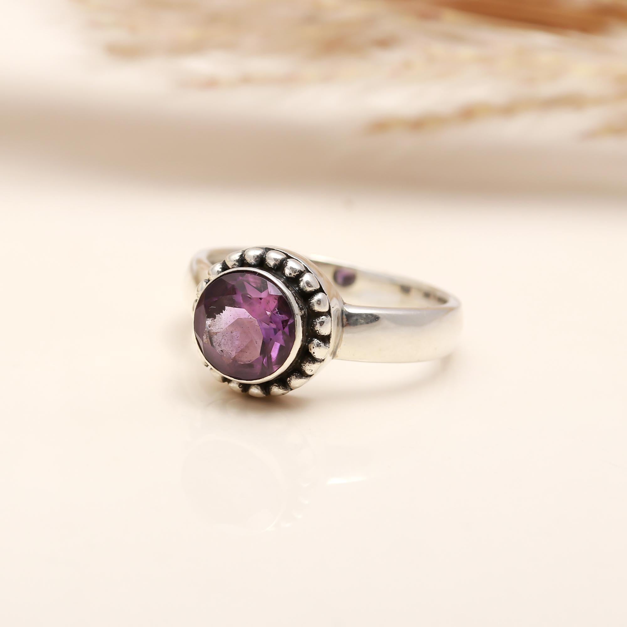 925 Silver Round Amethyst Ring