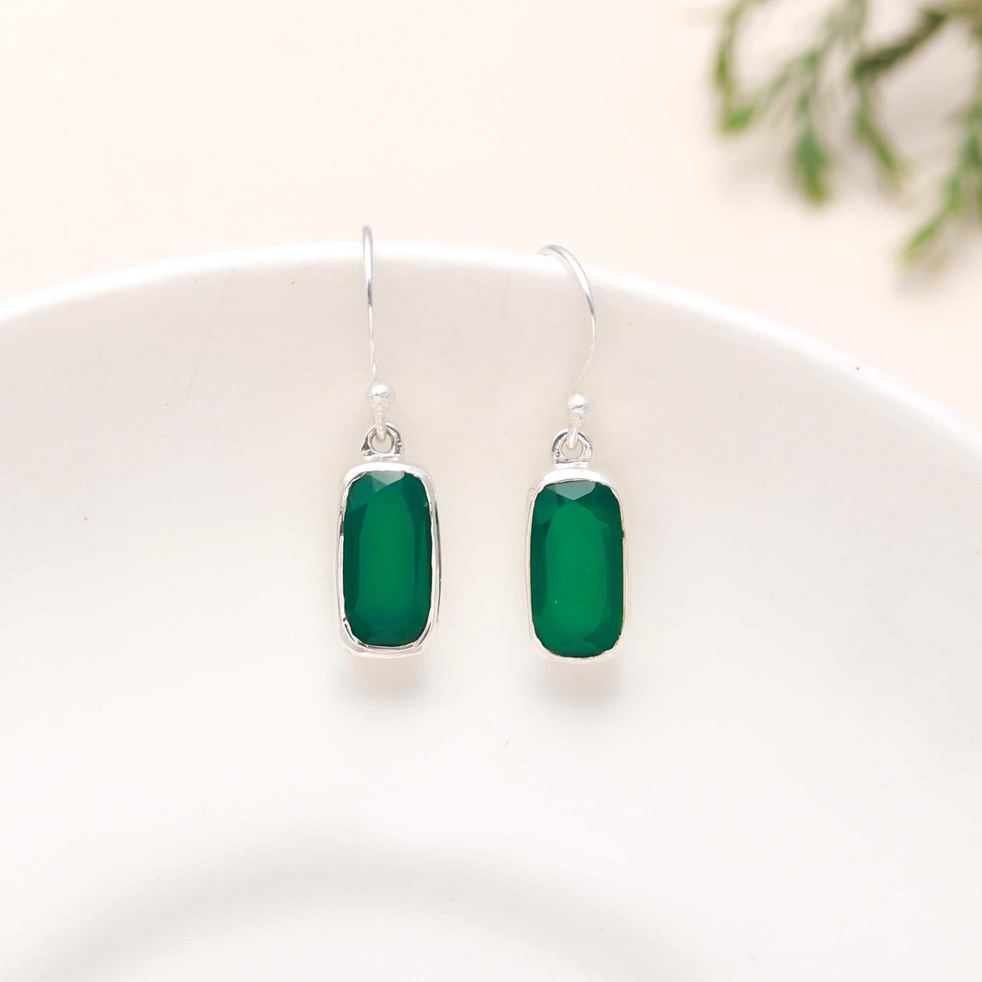 The Verdant Prism: Green Onyx & Silver Drop Earrings