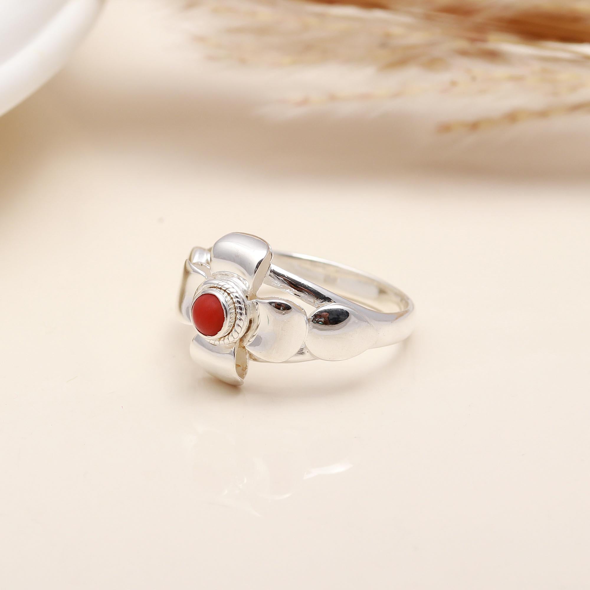 925 Silver Red Coral Flower Ring