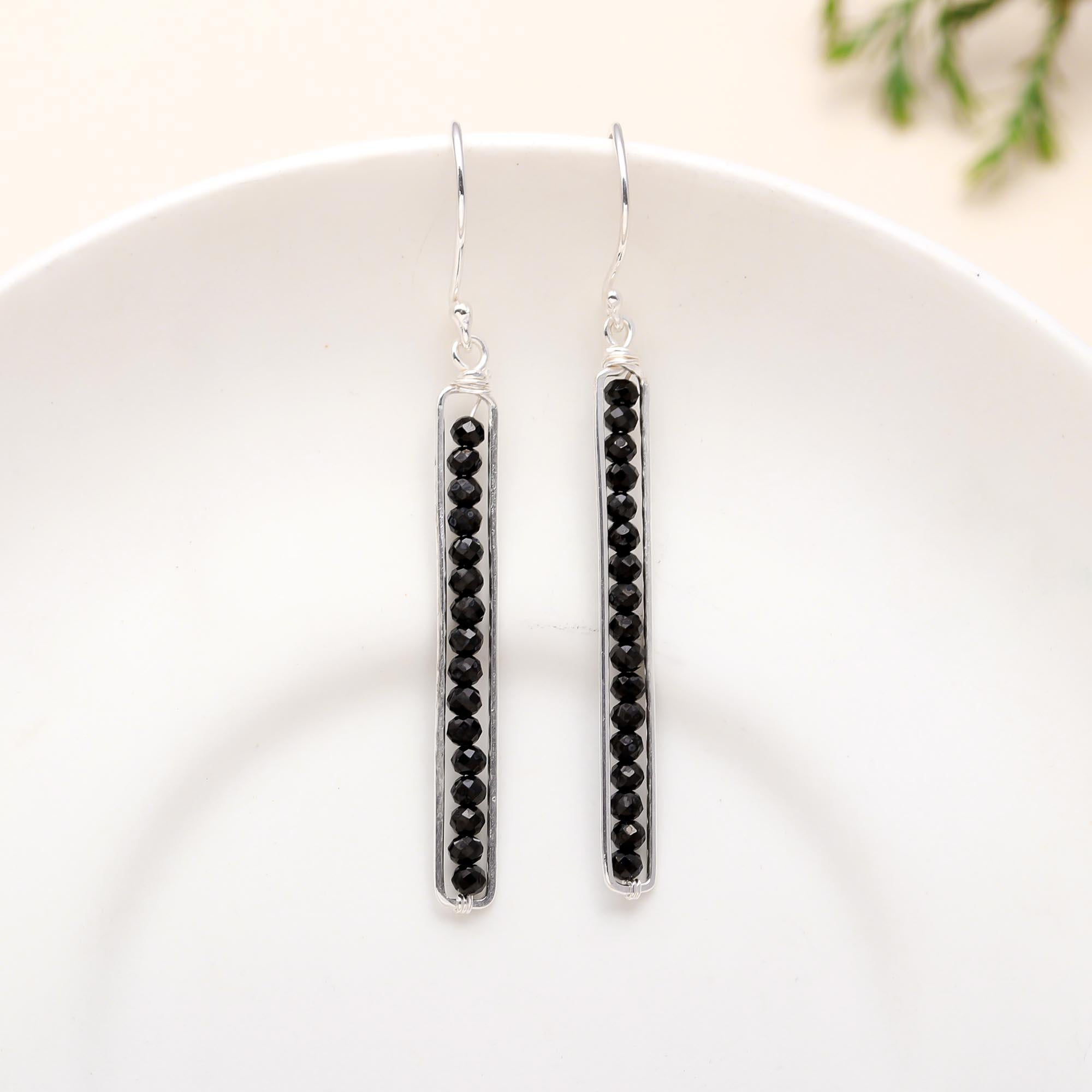 The Noir Linear: Black Spinel & Silver Bar Earrings