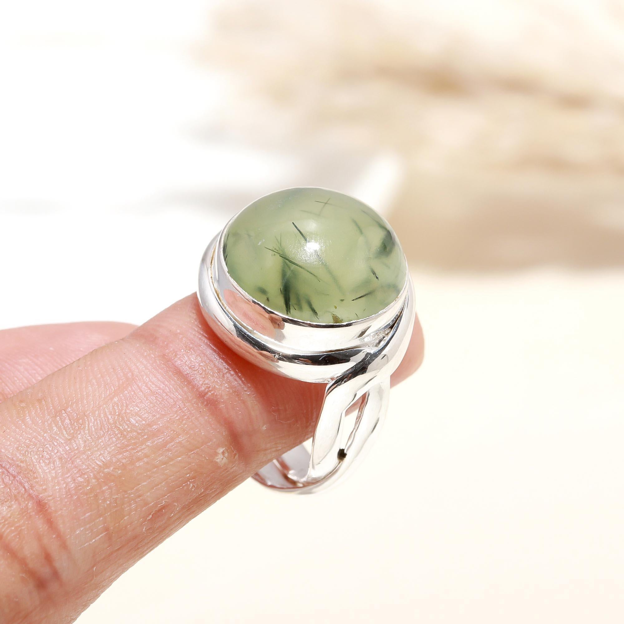The Serene Orb: Prehnite Cabochon Silver Solitaire Ring