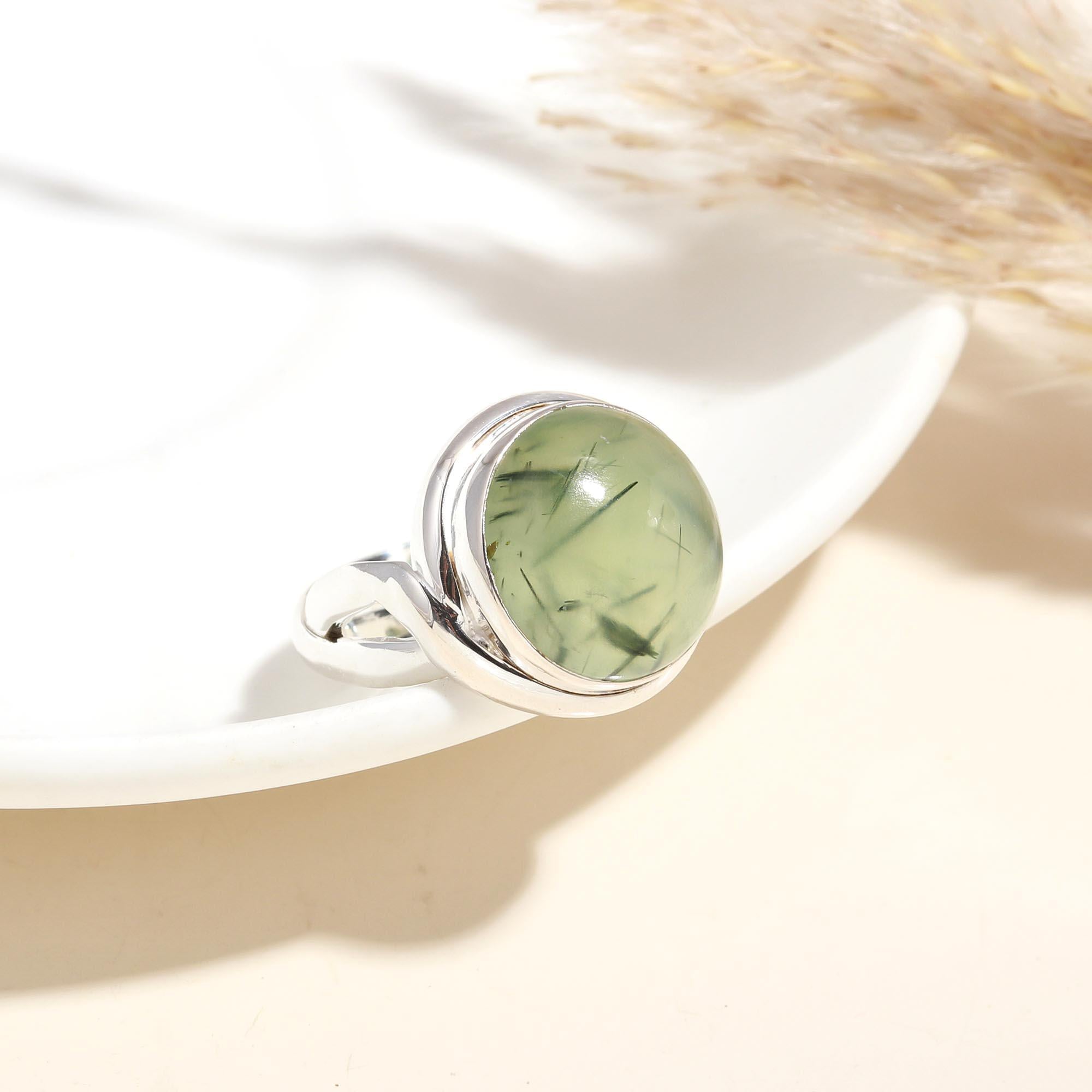 The Serene Orb: Prehnite Cabochon & Silver Solitaire Ring