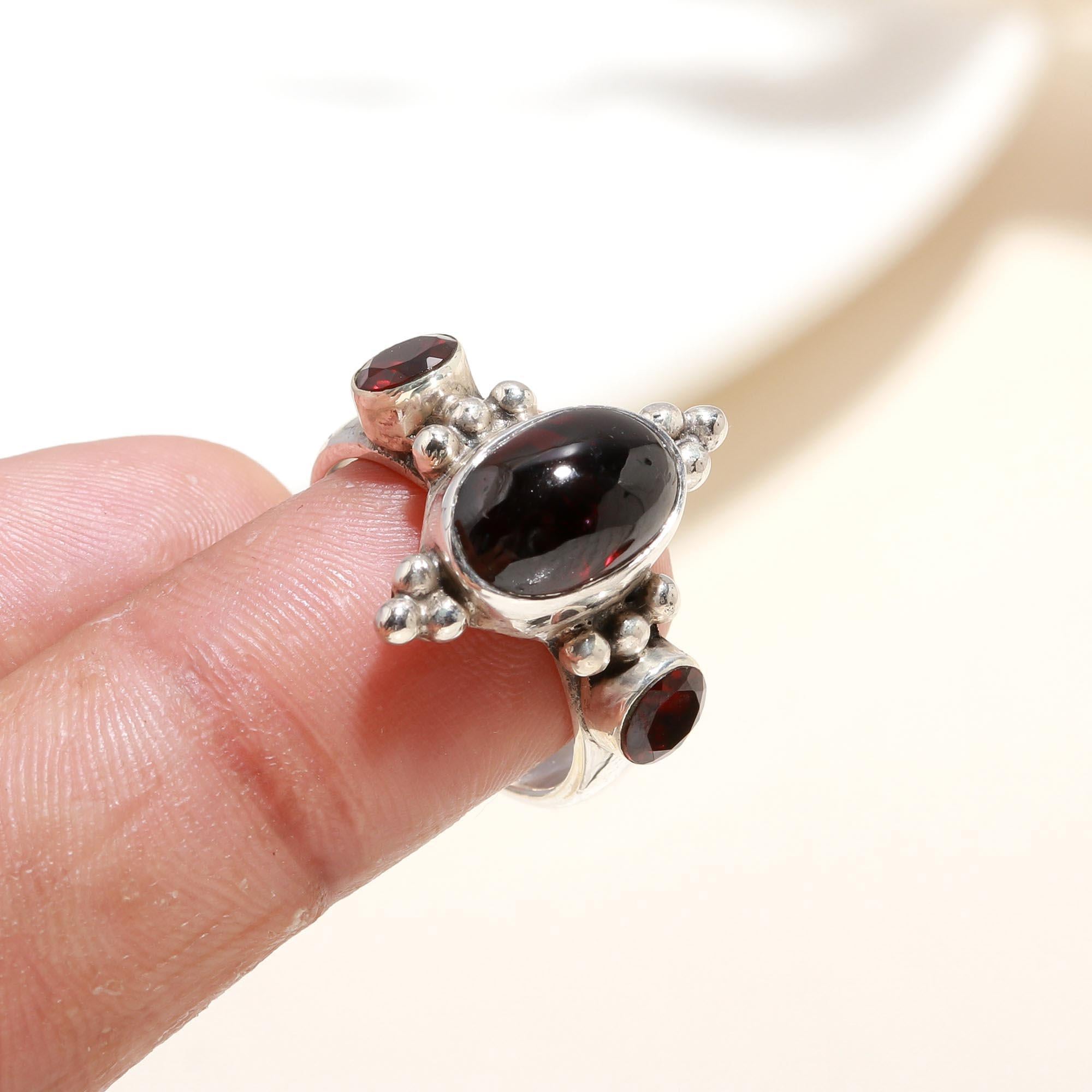 The Crimson Trilogy: Garnet Three-Stone Vintage Silver Ring