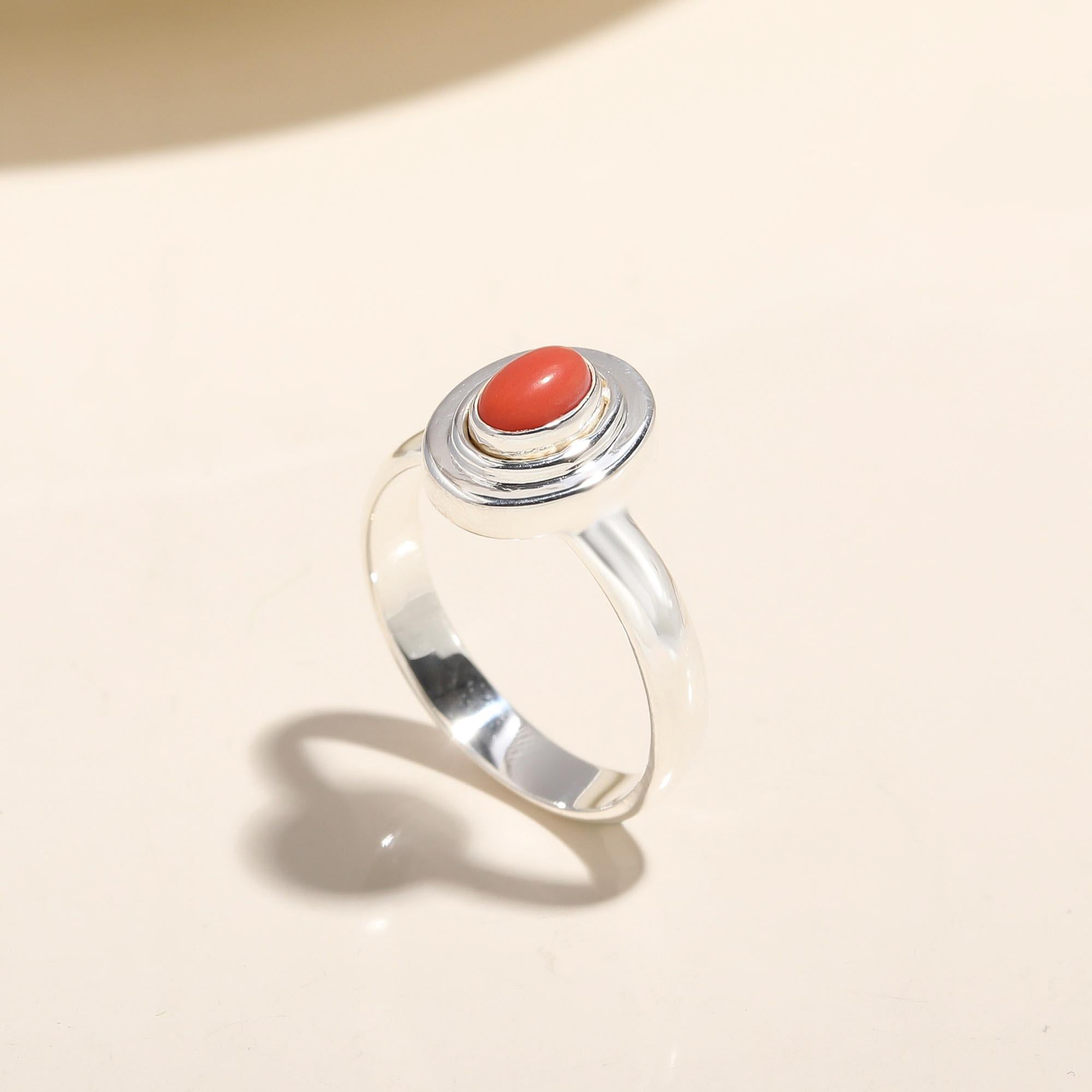 925 Silver Oval Red Coral Ring