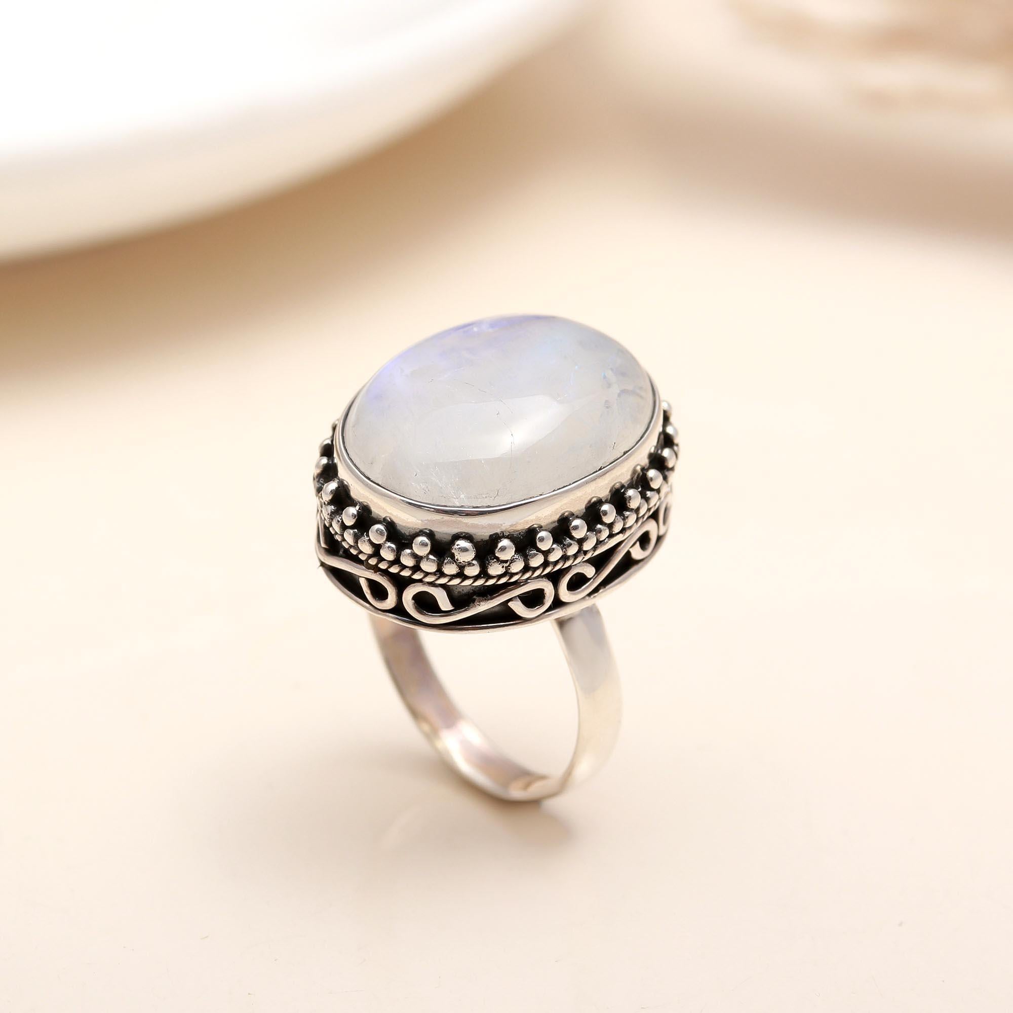 925 Silver Oval Moonstone Boho Ring