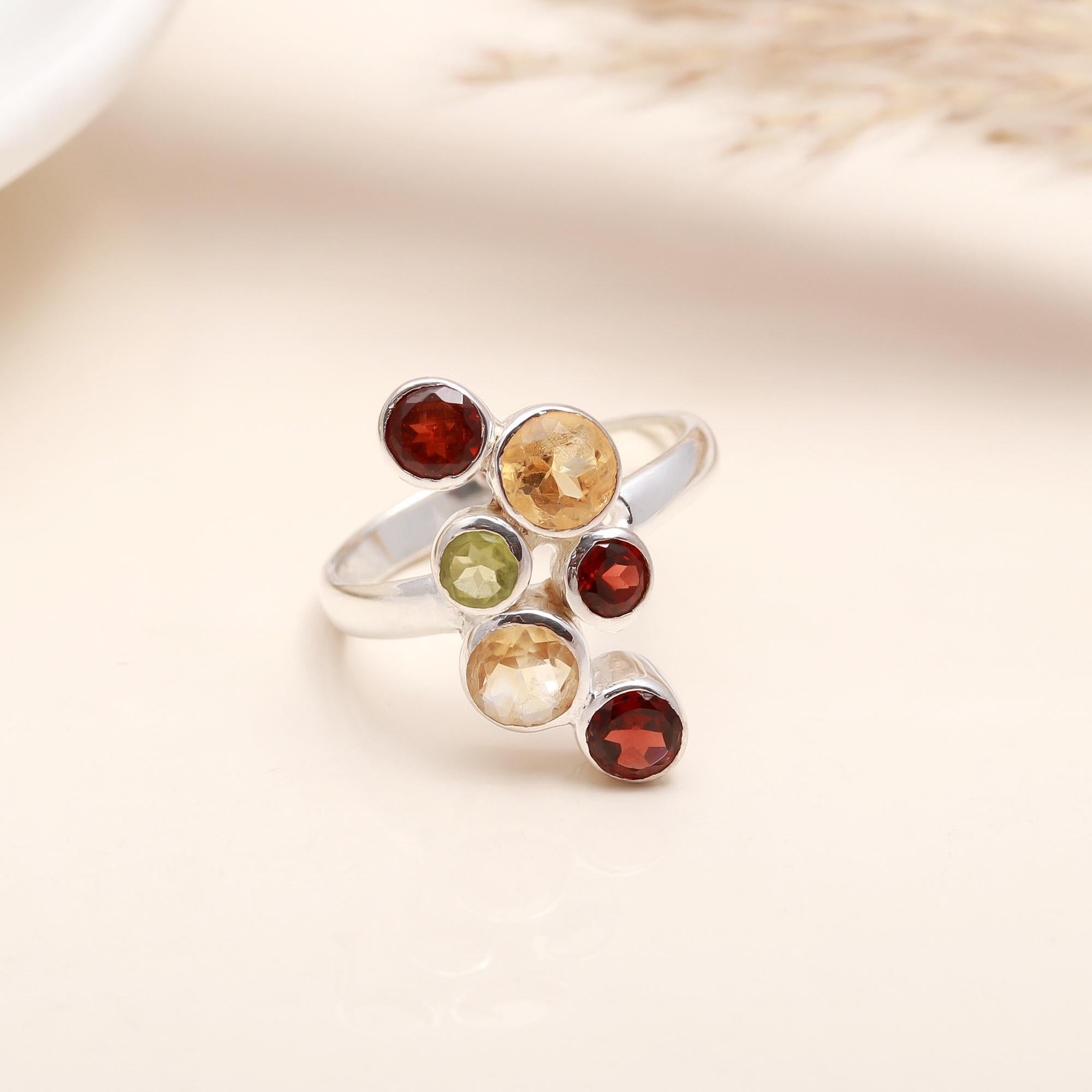 925 Silver Multi Gemstone Cluster Ring