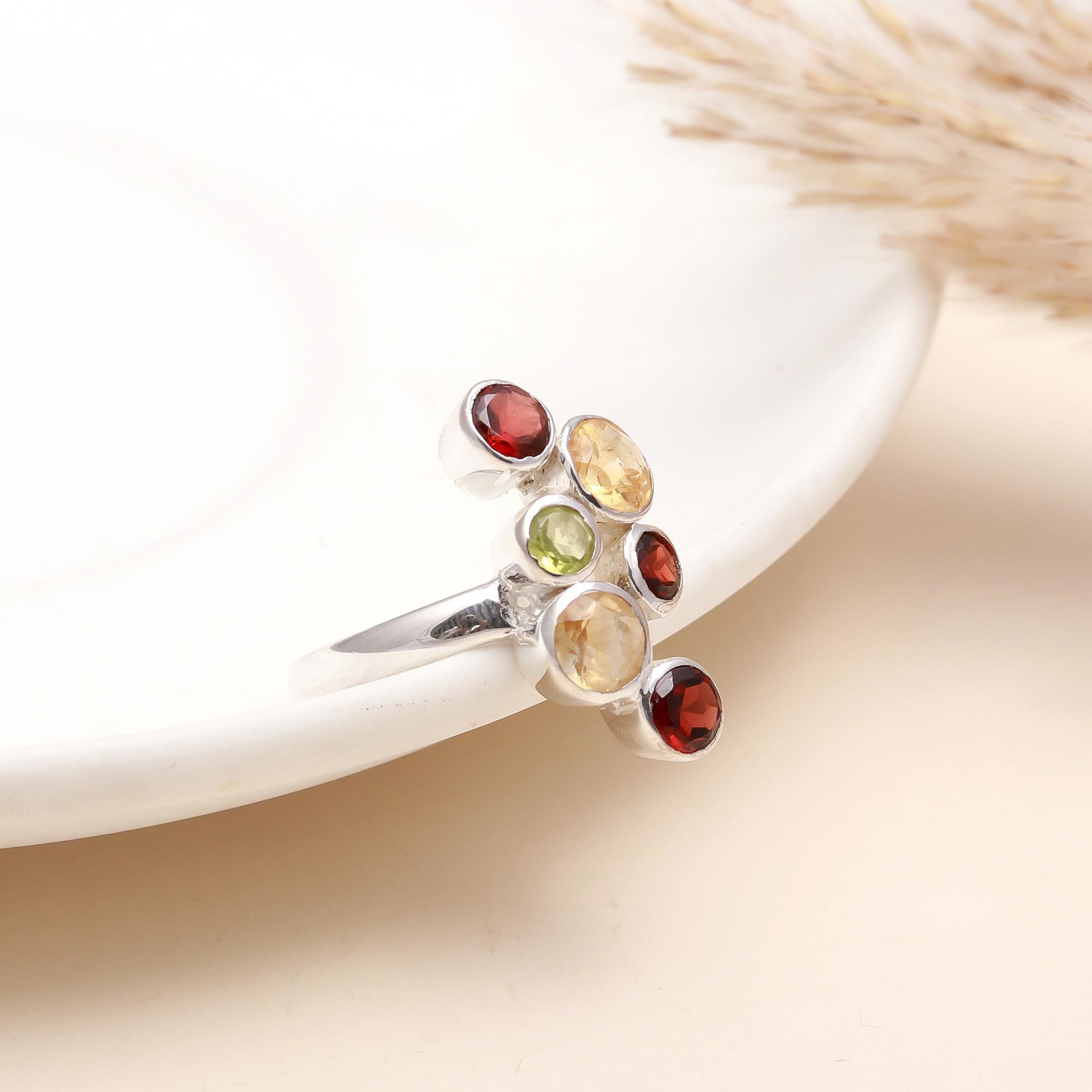 925 Silver Multi Gemstone Cluster Ring