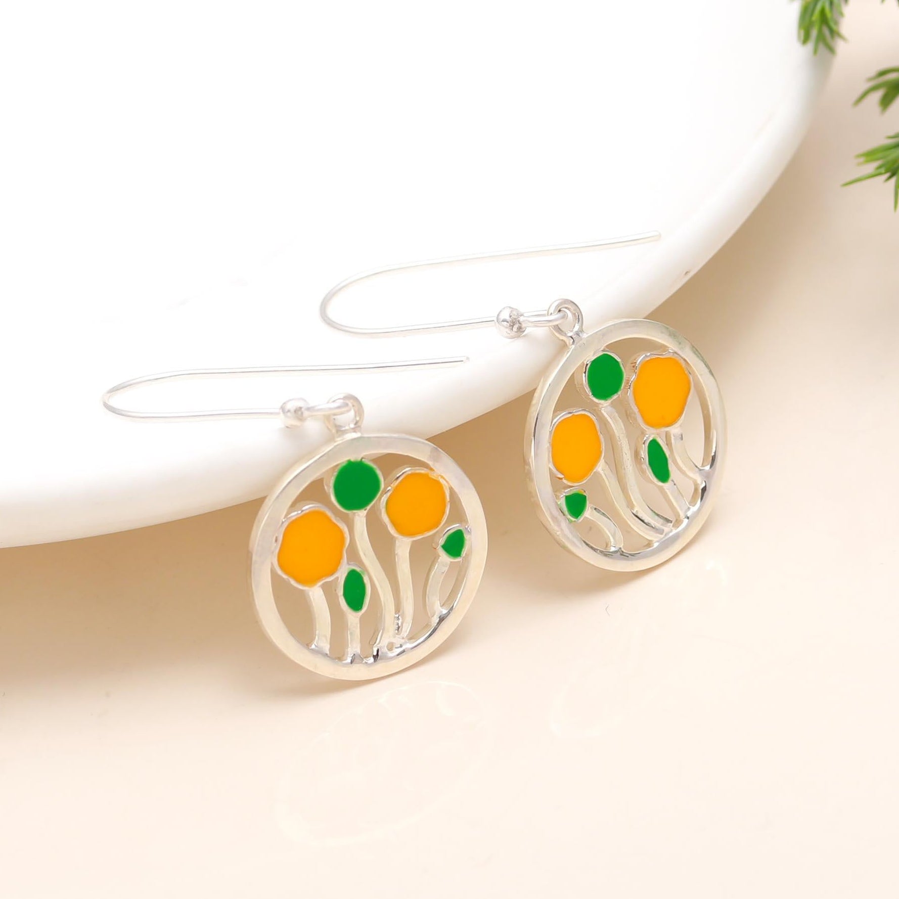 The Spring Meadow: Yellow Tulip Enamel & Silver Drop Earrings