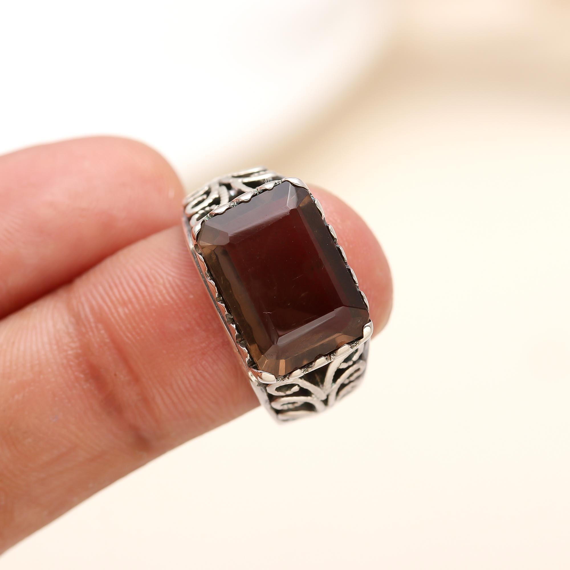 925 Silver Emerald Cut Smoky Quartz Ring