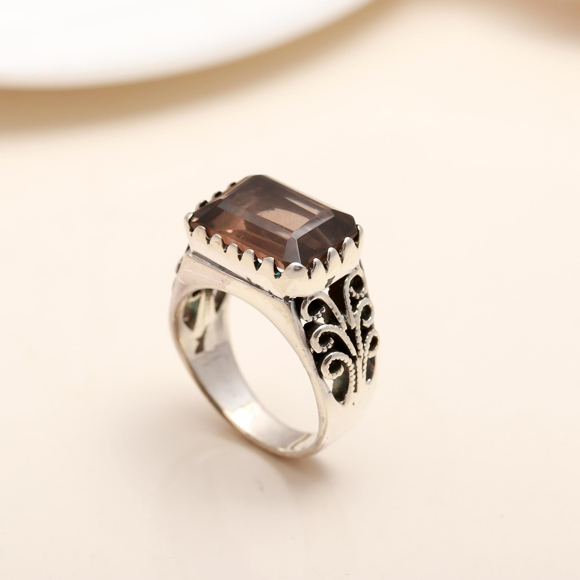 925 Silver Emerald Cut Smoky Quartz Ring