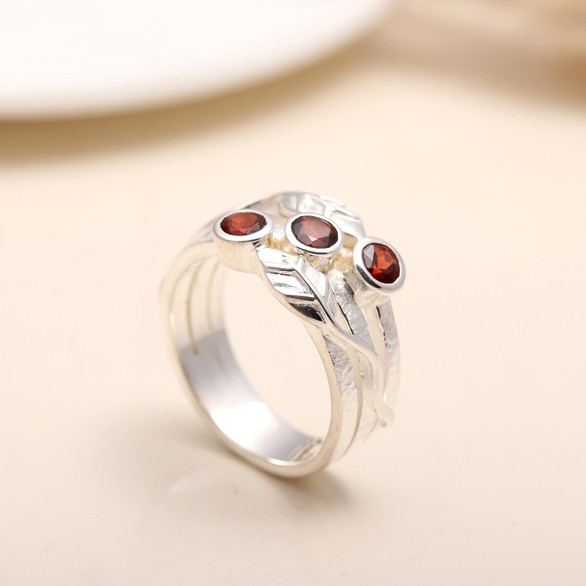 925 Silver Triple Garnet Ring