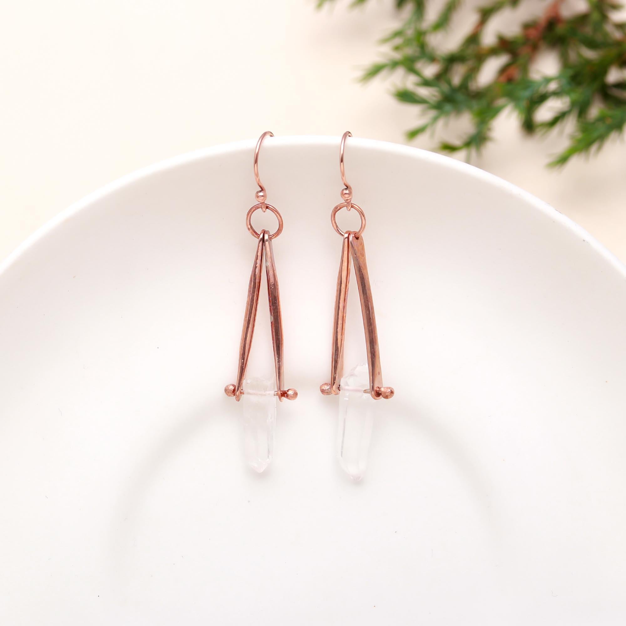The Crystalline Apex: Raw Quartz & Rose Gold Drop Earrings