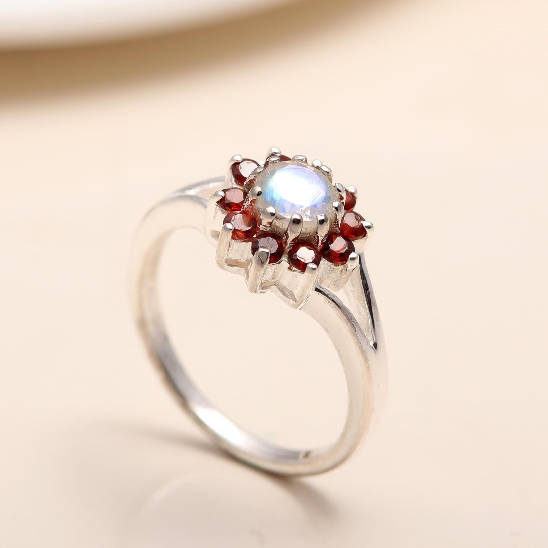 925 Silver Moonstone and Garnet Flower Ring close-up